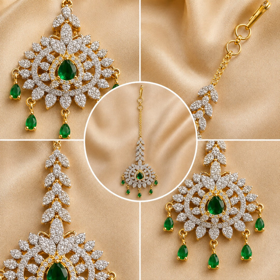 Emerald Green Floral Crystal Gold-Tone Maang Tikka
