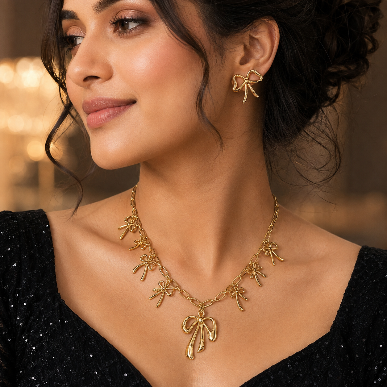 Golden Bow Charm Necklace and Earring Set