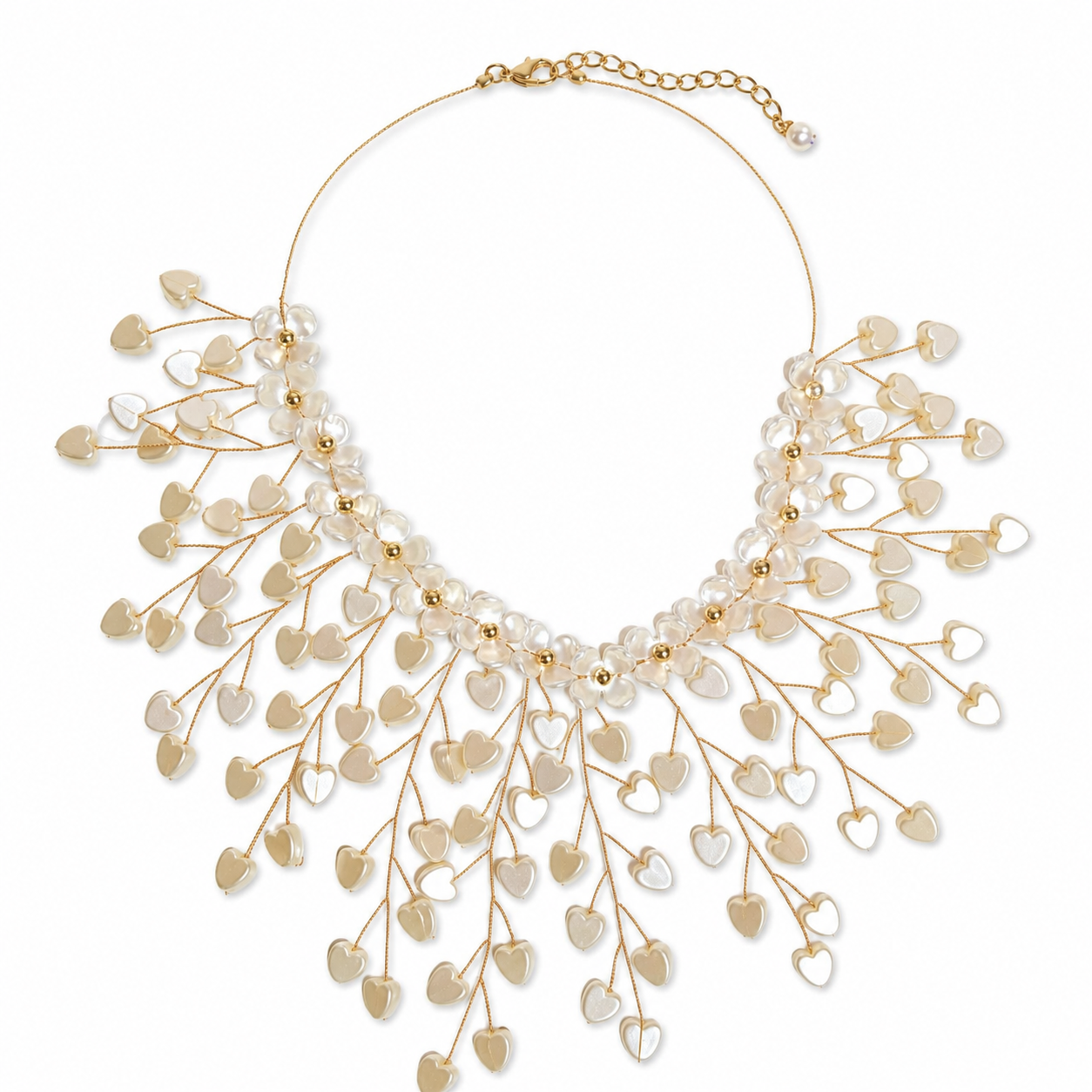 Golden Heart Cascade Pearl Statement Necklace