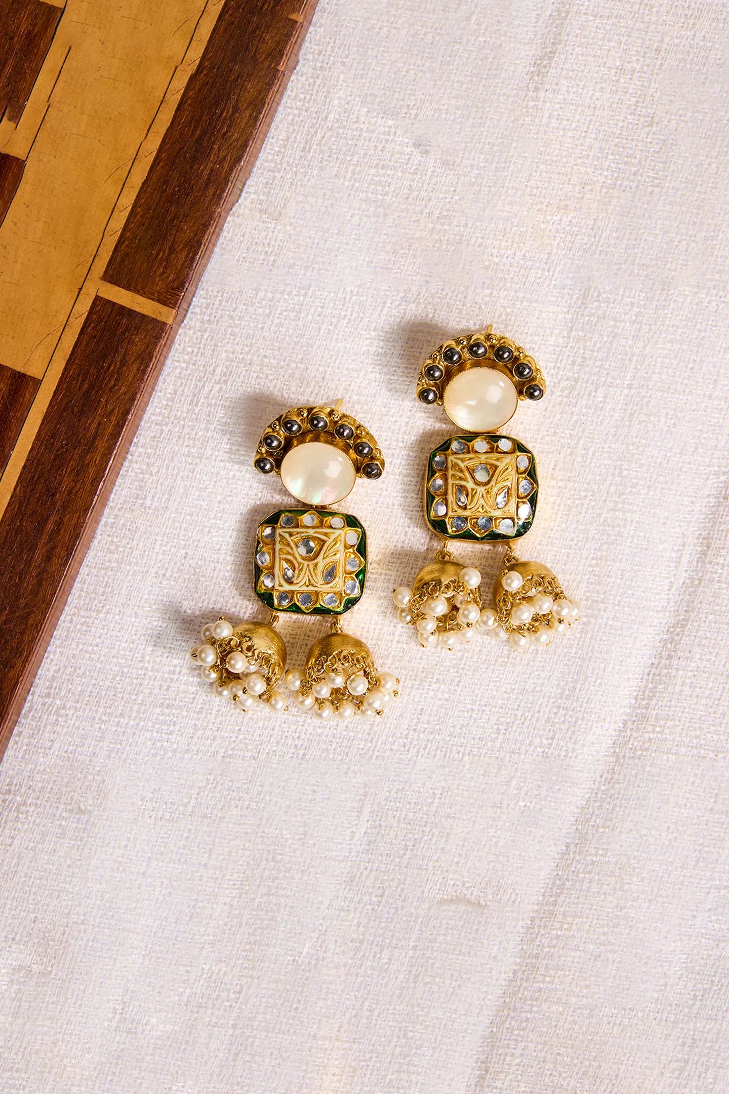 Gilded Kundan & White Jade Jhumkas