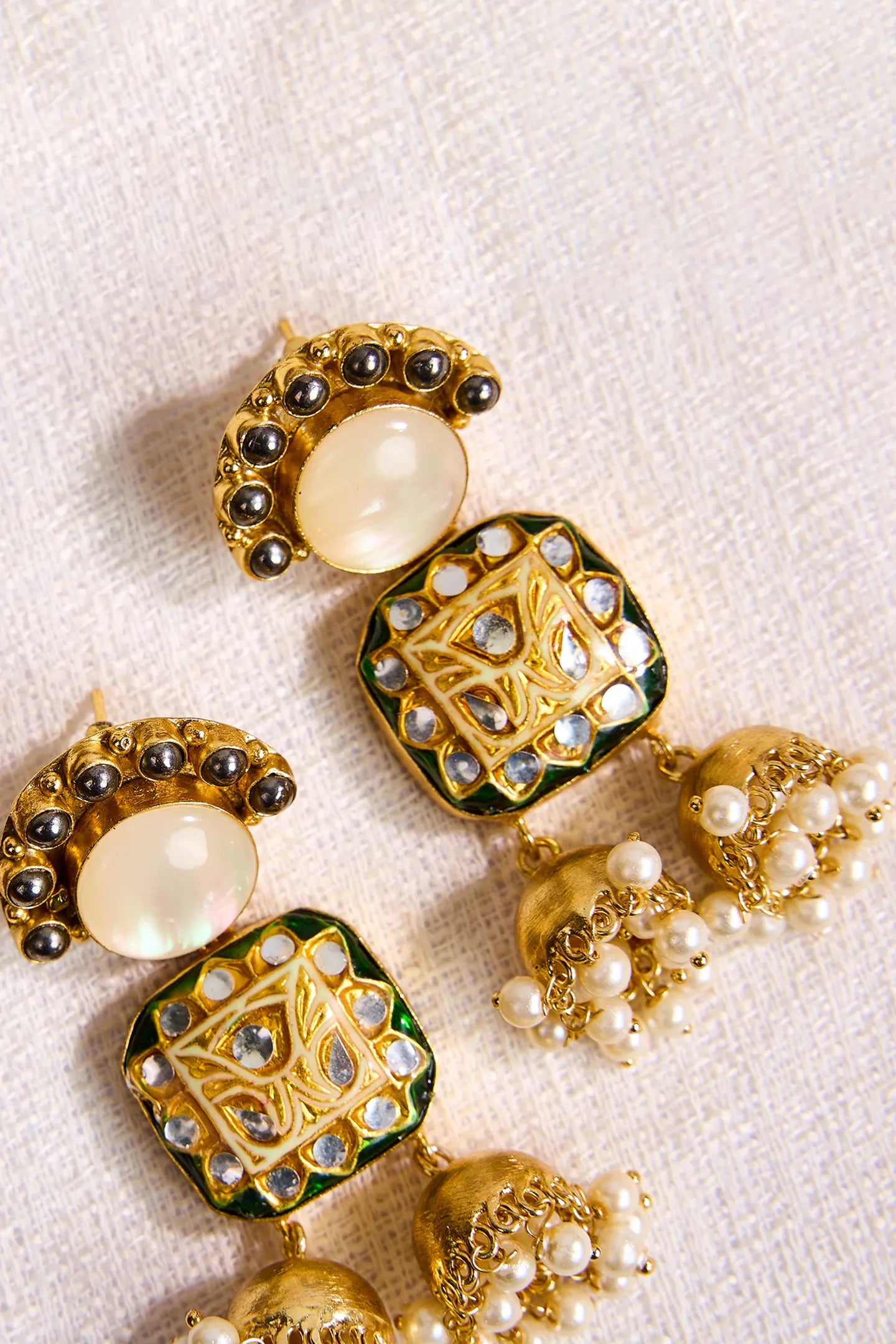 Gilded Kundan & White Jade Jhumkas