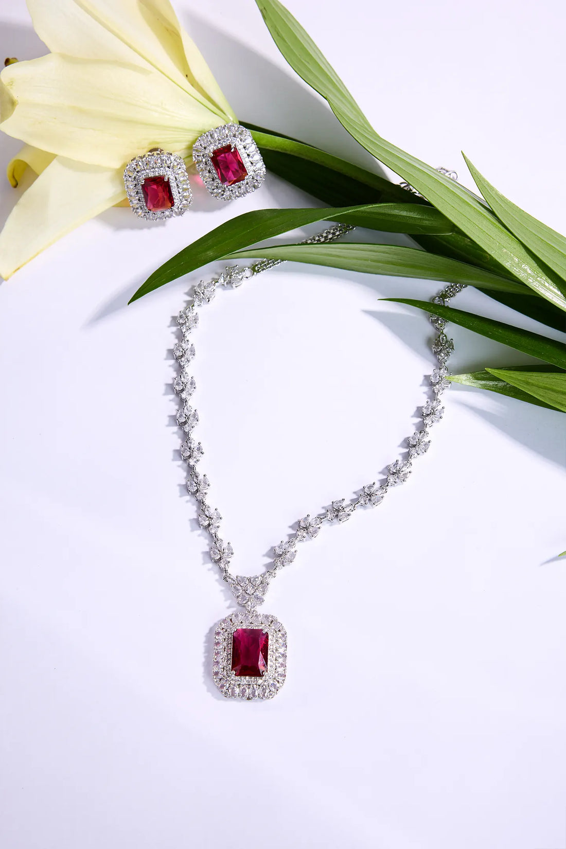 Elegant Fusion CZ, Ruby & American Diamond Necklace Set