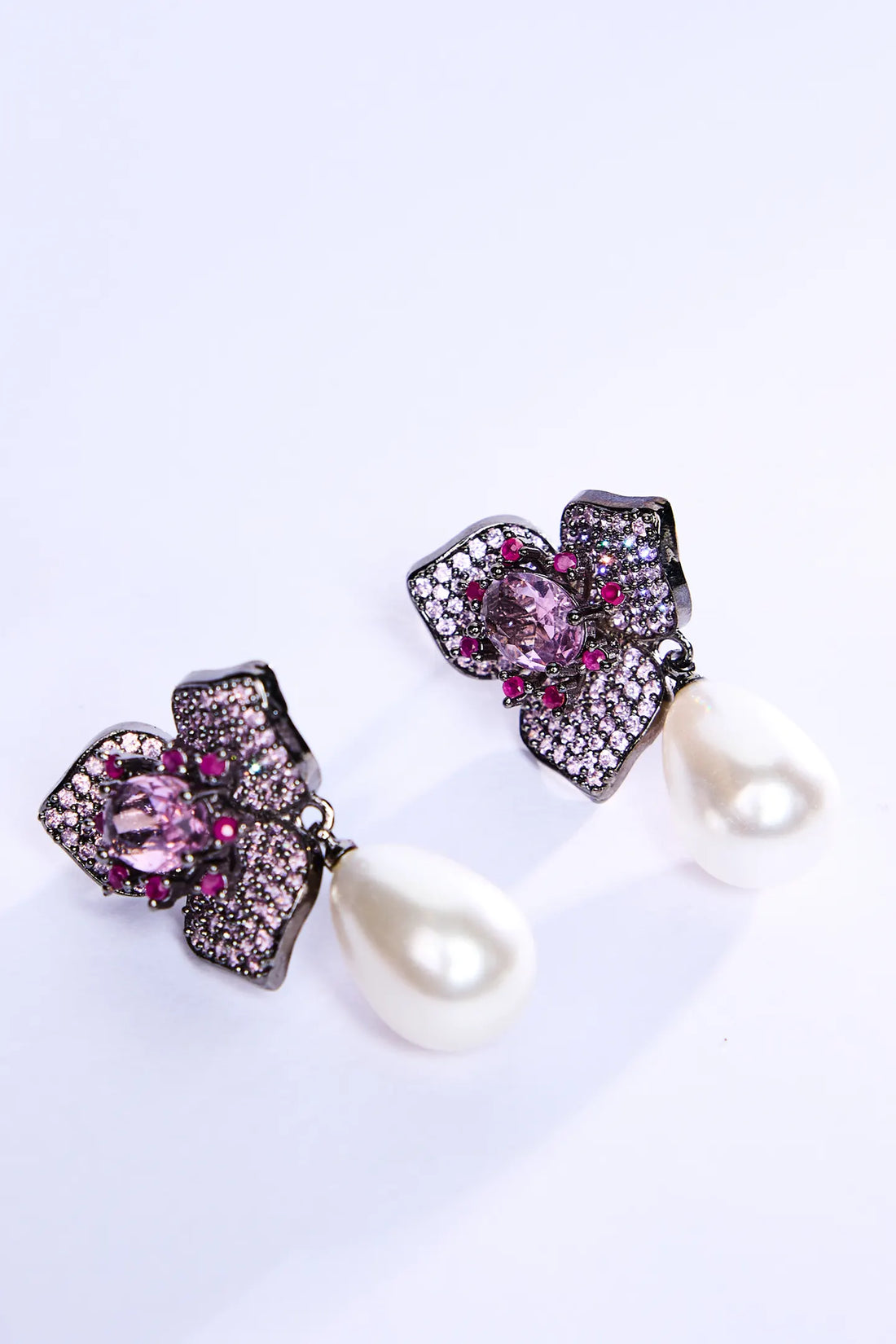 Oxidized Pearl Ruby Earrings