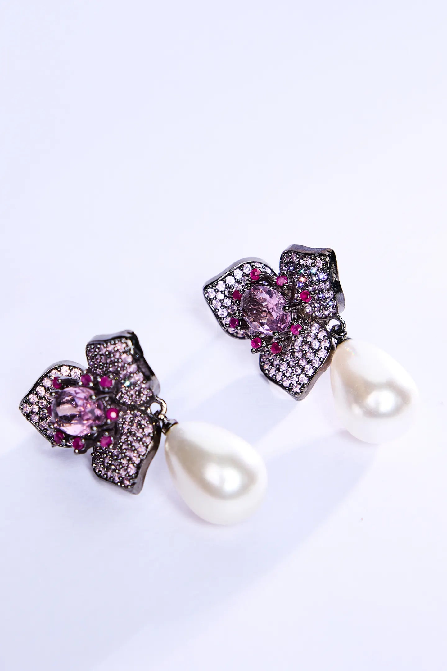 Oxidized Pearl Ruby Earrings