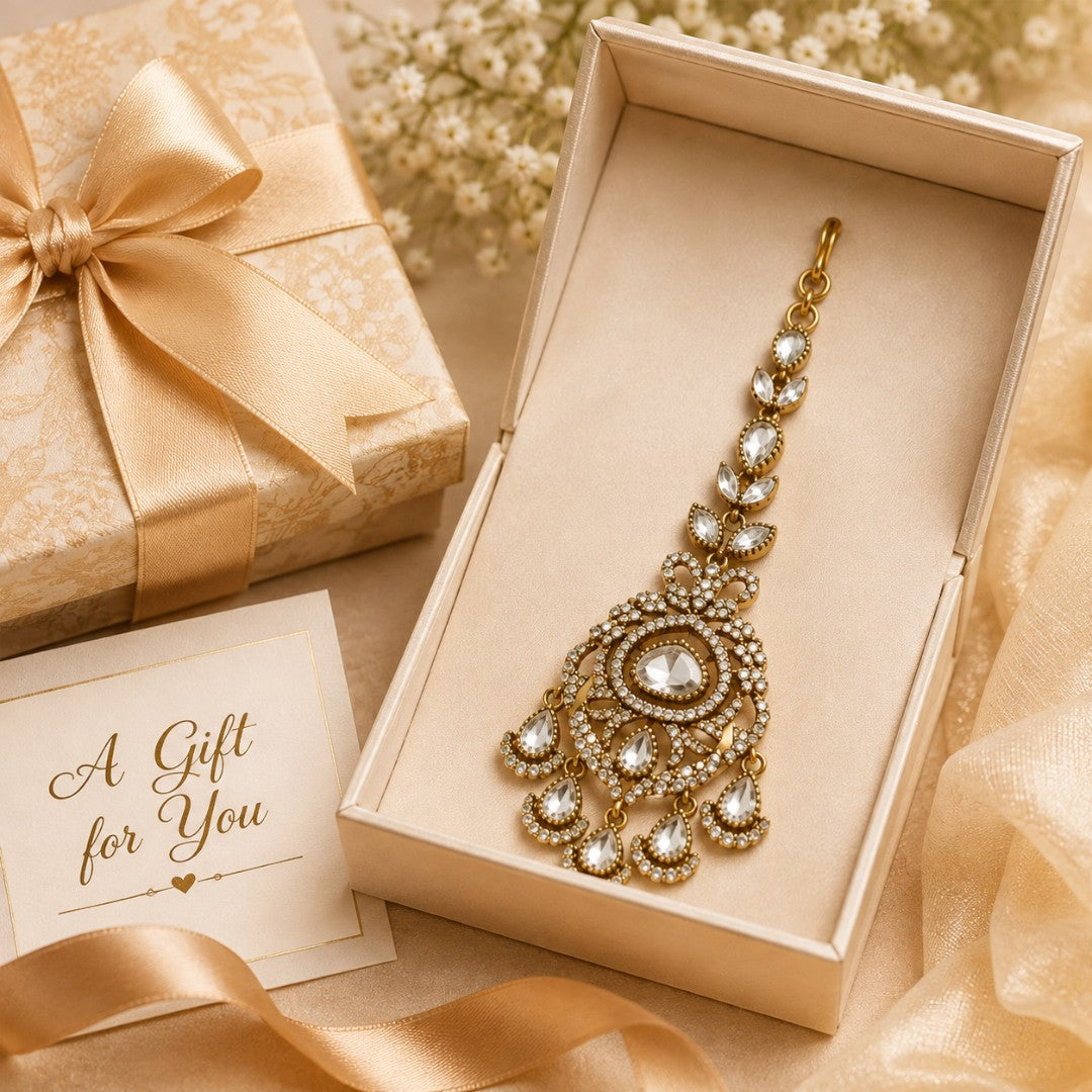 Kundan-Inspired Crystal Drop Gold-Tone Maang Tikka