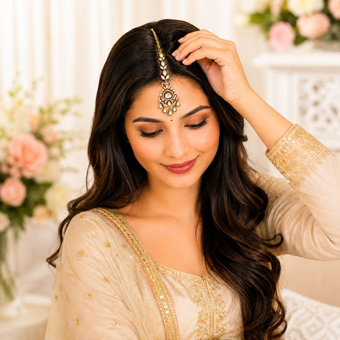 Kundan-Inspired Crystal Drop Gold-Tone Maang Tikka