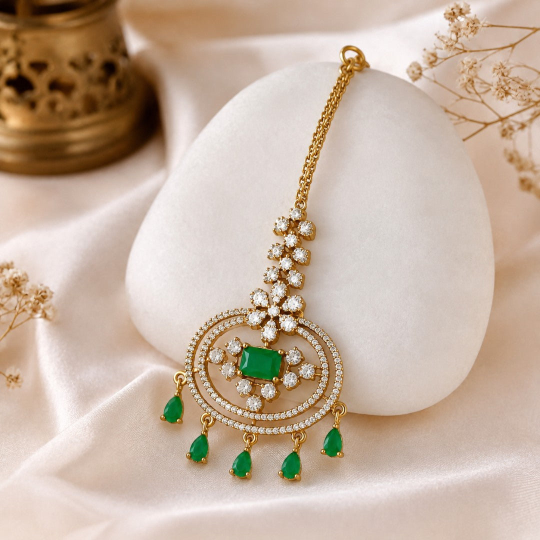Emerald Green Stone & Crystal Gold-Tone Maang Tikka