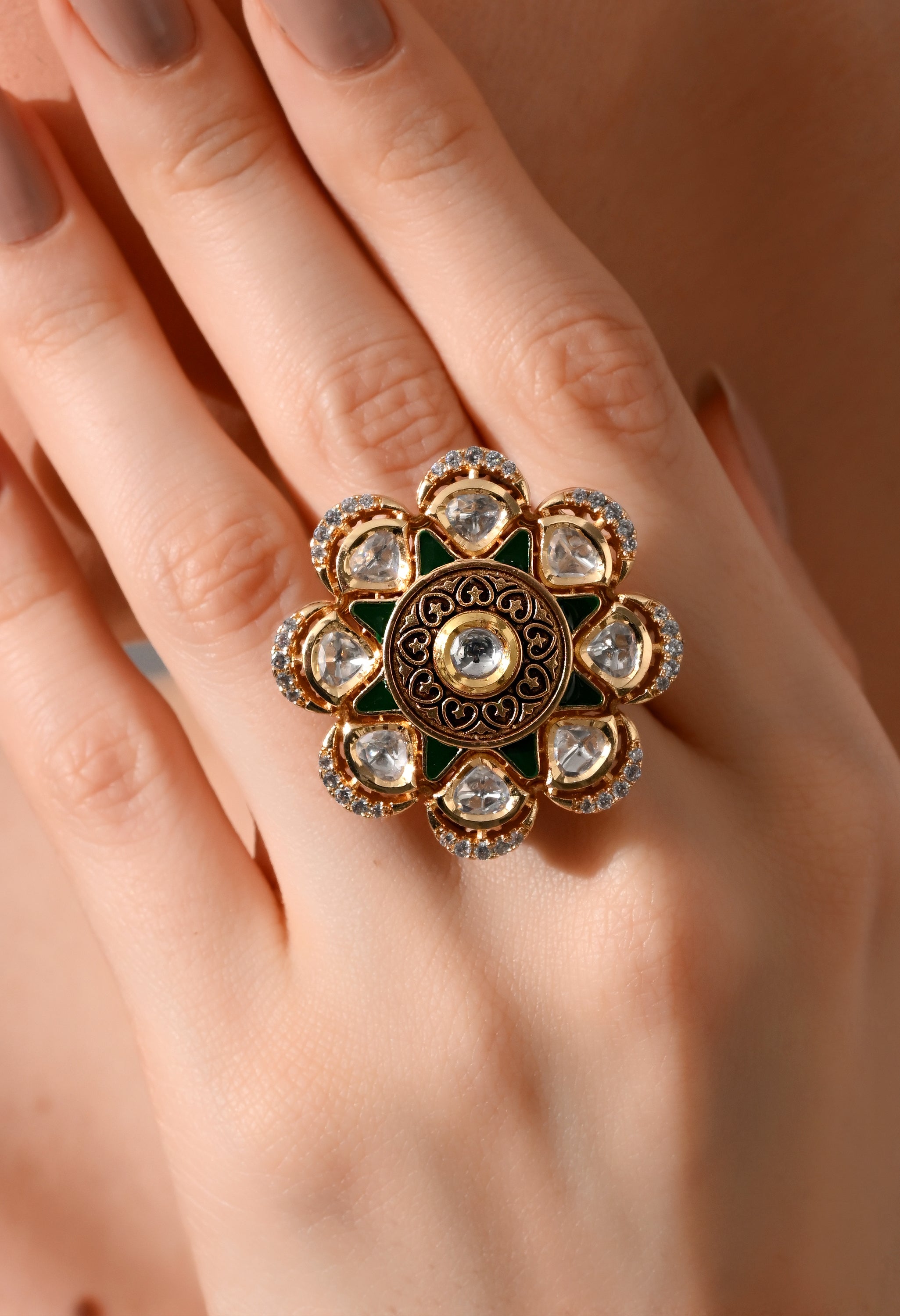Regal Emerald Bloom Kundan Ring
