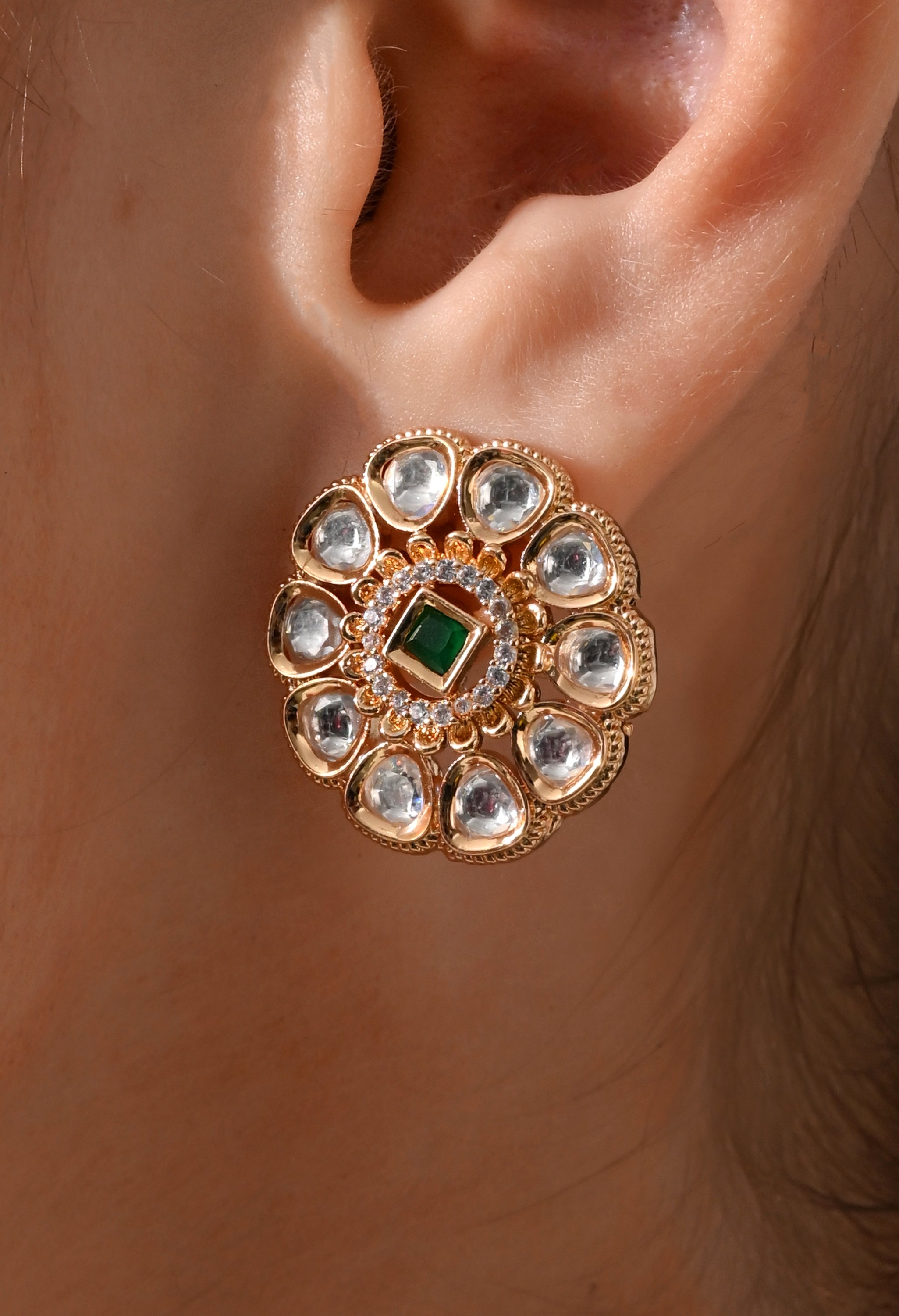 Emerald Bloom Kundan Stud Earrings