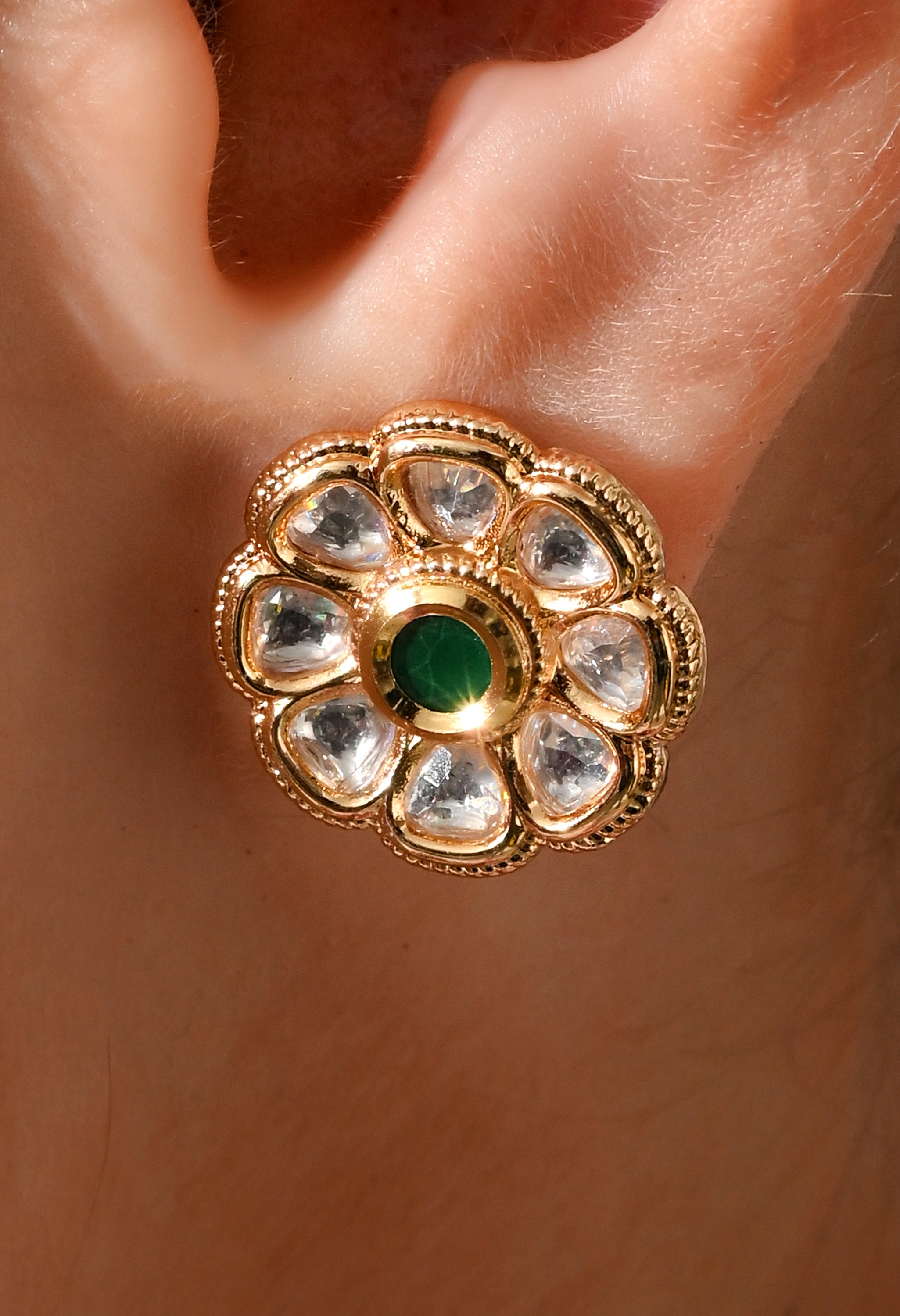 Emerald Bloom Kundan Stud Earrings