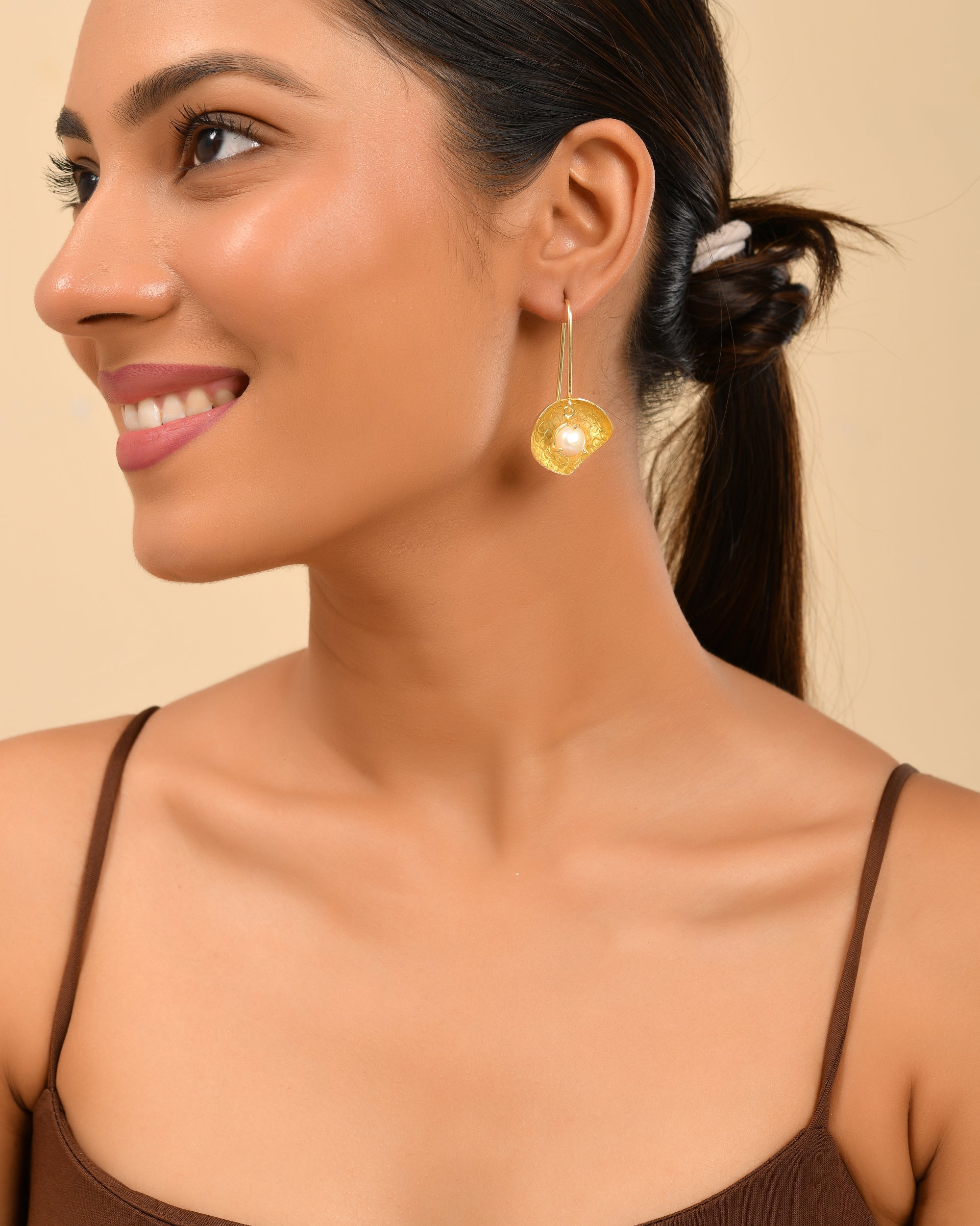 Textured Gold Pearl Drop Earrings