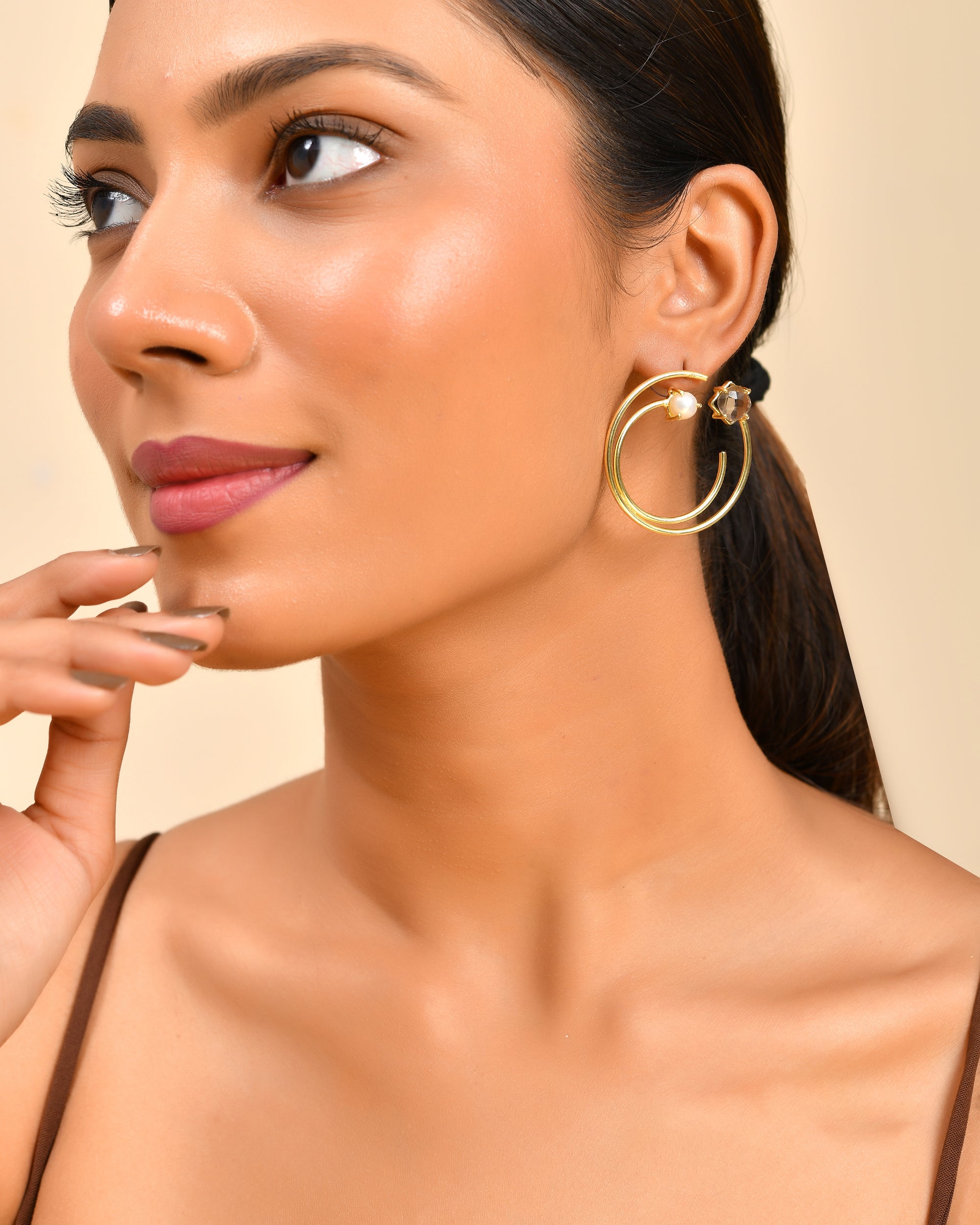 Dual Hoop Pearl Stud Earrings