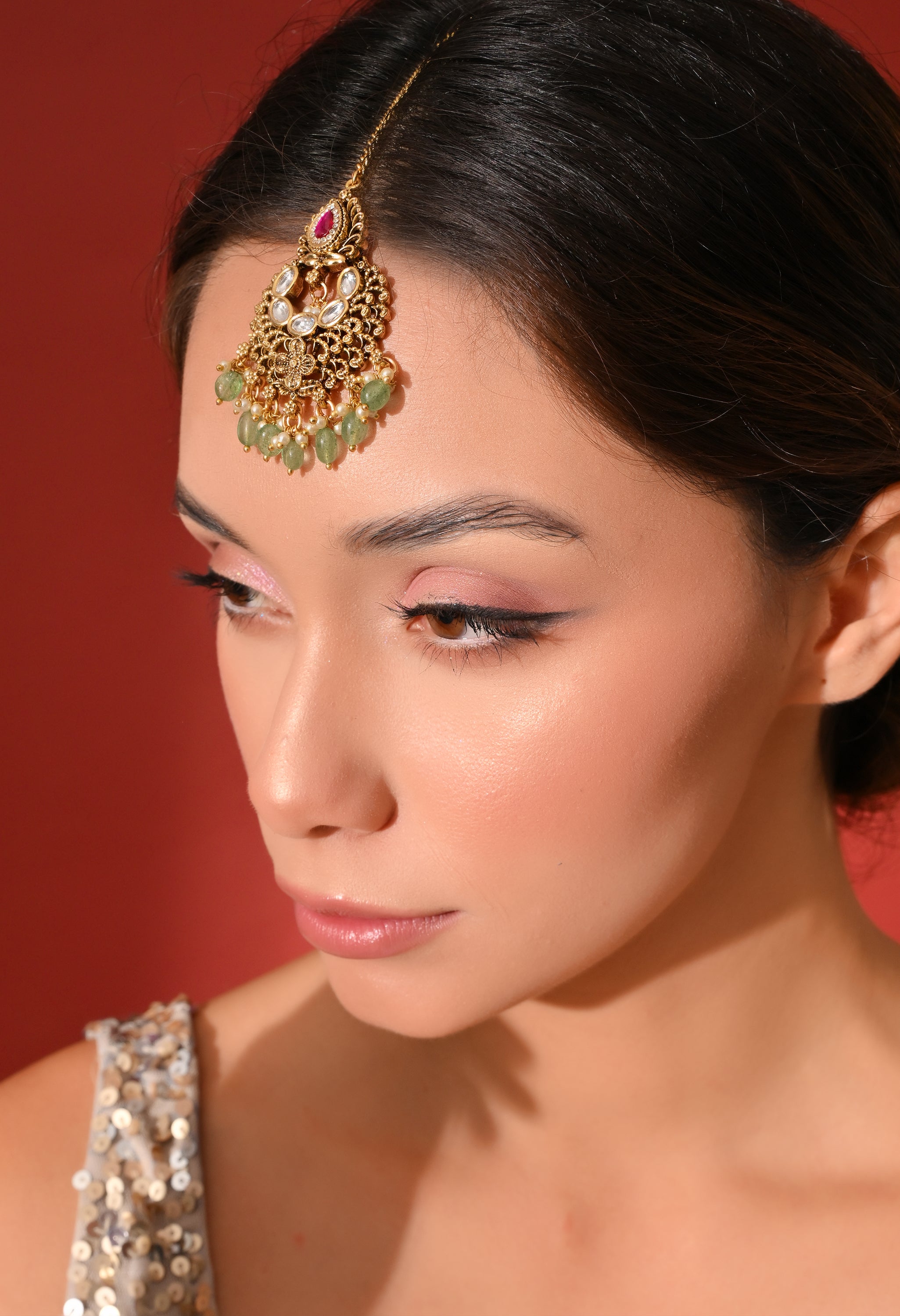 Gold Kundan Maang Tikka with Green Drops