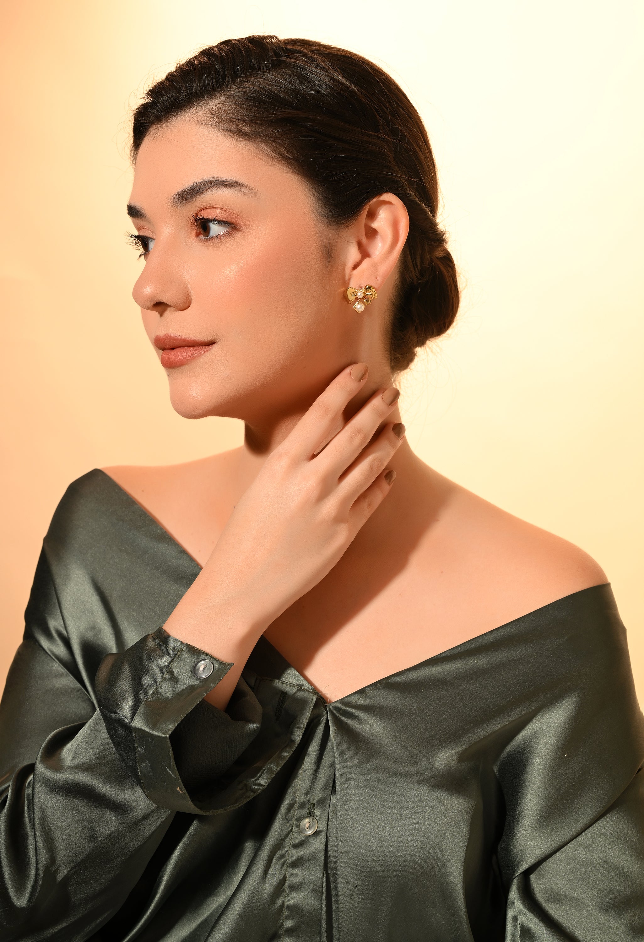 Golden Bow Pearl Stud Earrings