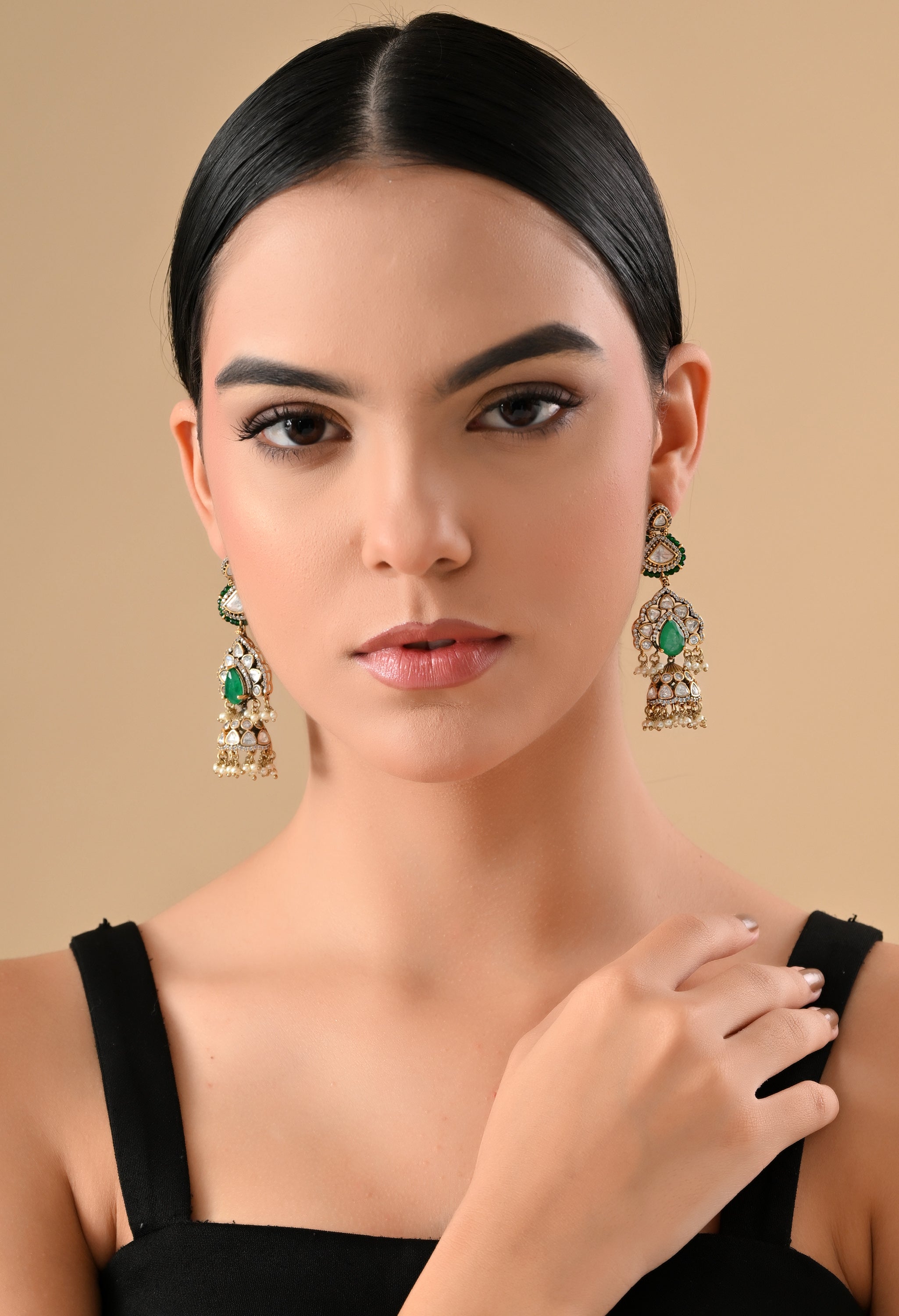 Royal Green Kundan Jhumka Earrings