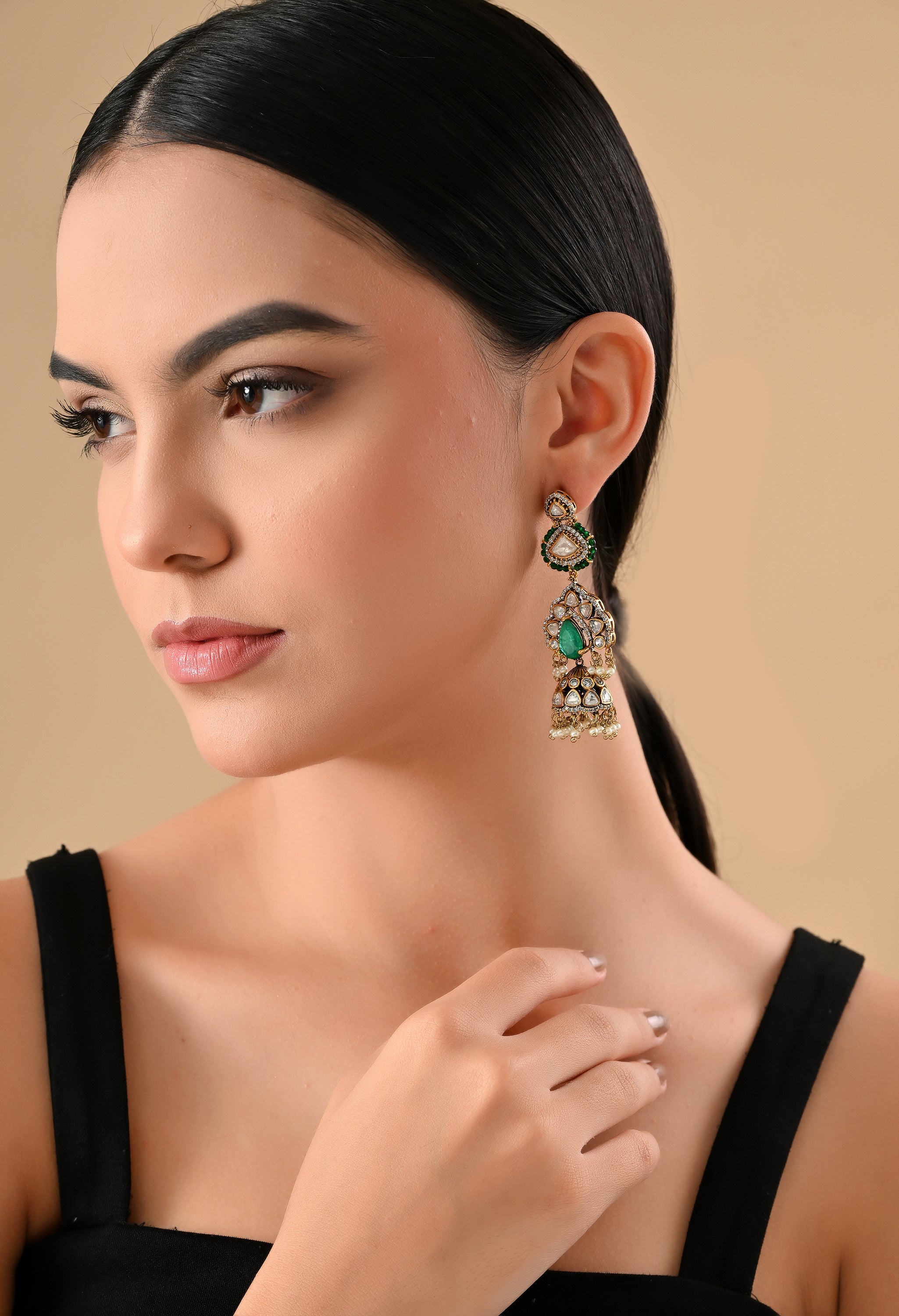 Royal Green Kundan Jhumka Earrings