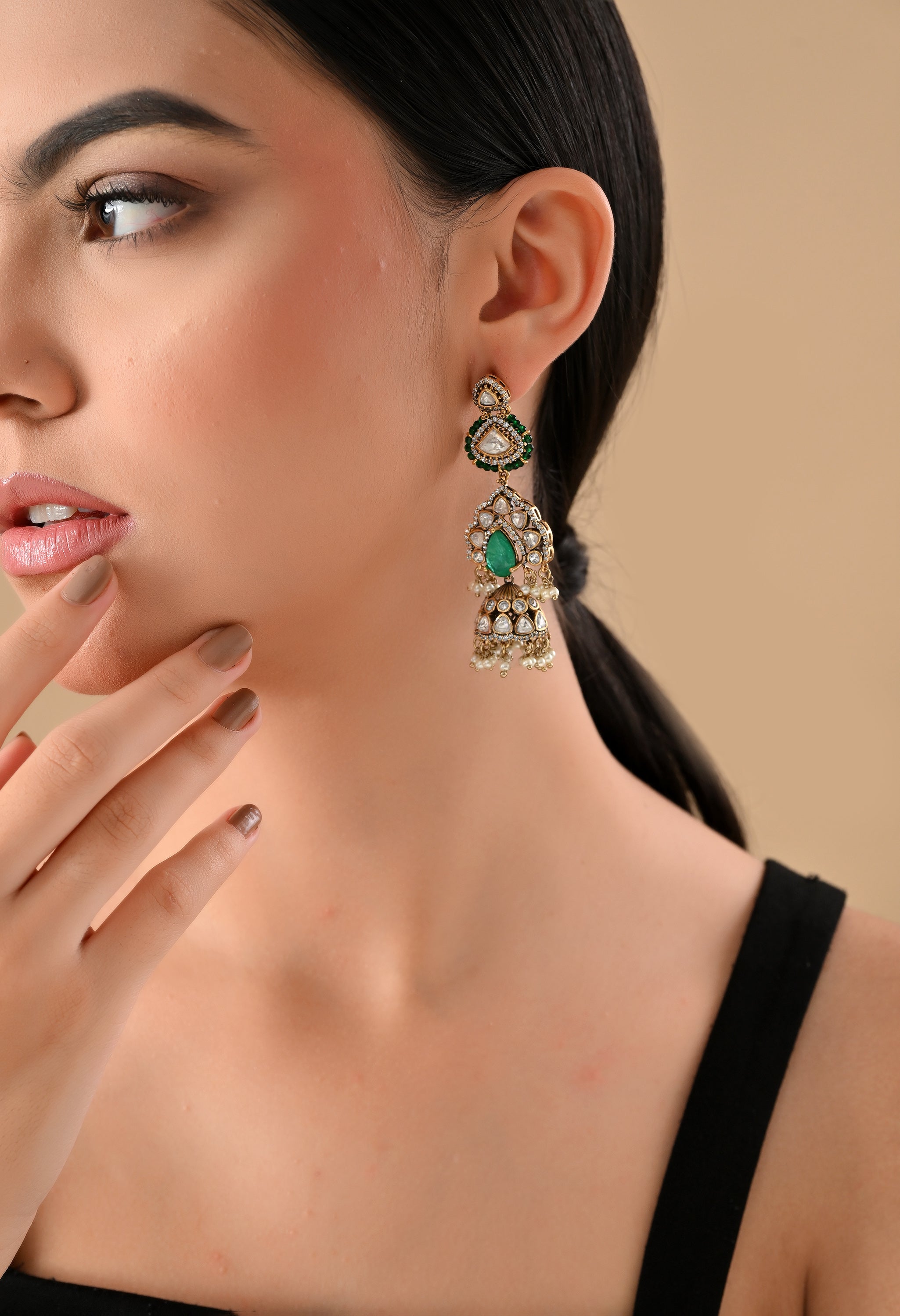 Royal Green Kundan Jhumka Earrings