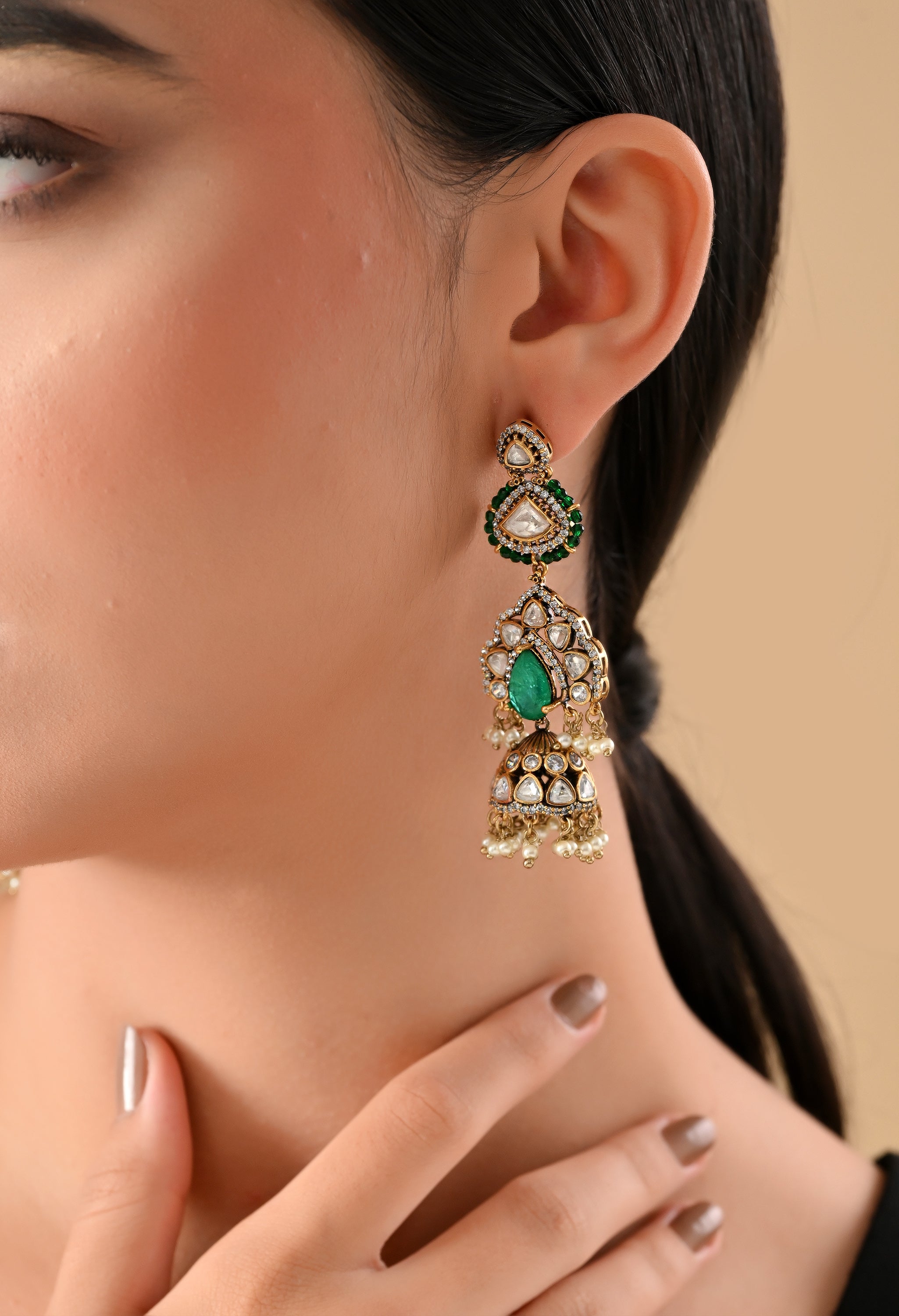 Royal Green Kundan Jhumka Earrings