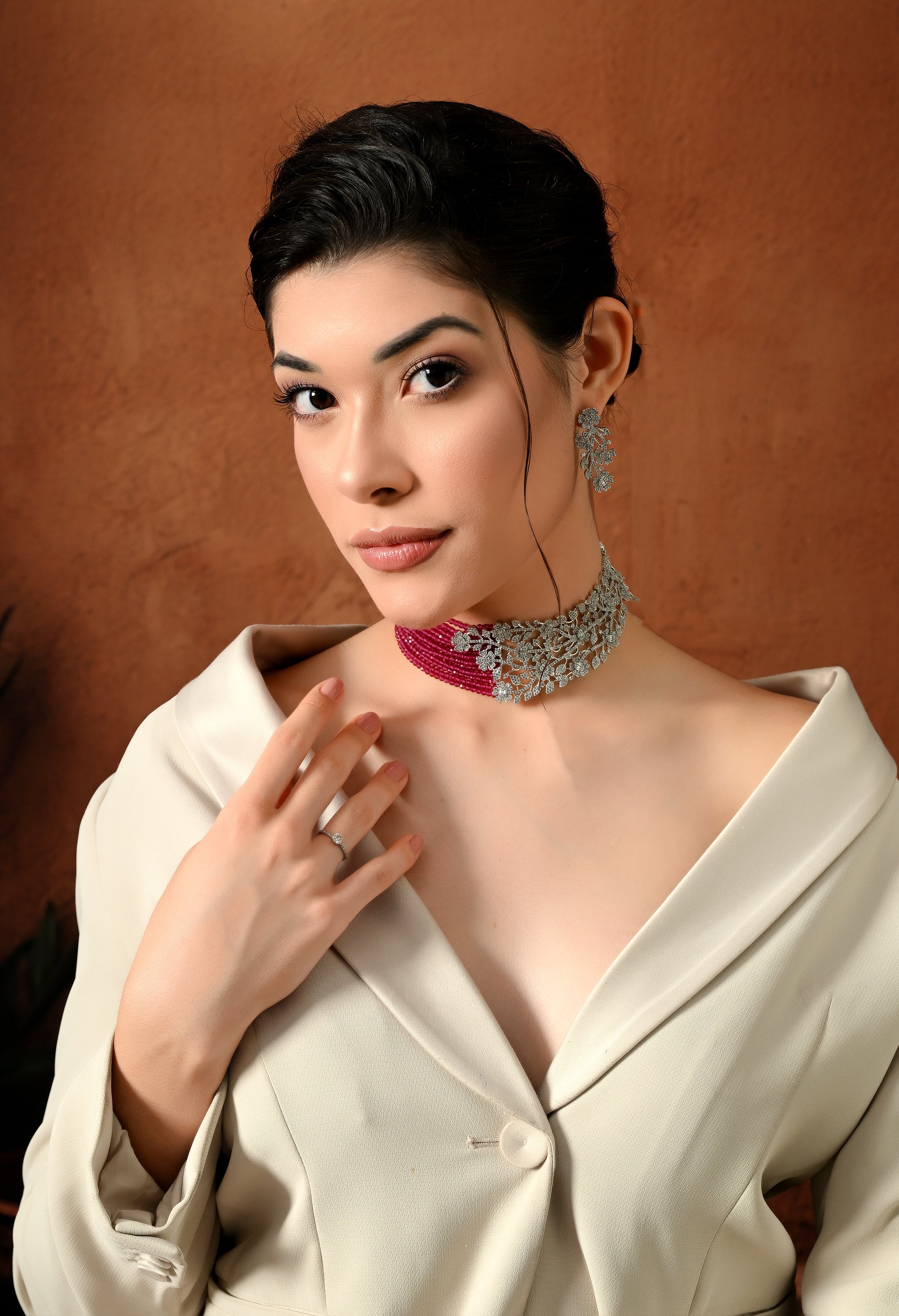 Elegant Ruby Floral Choker Set