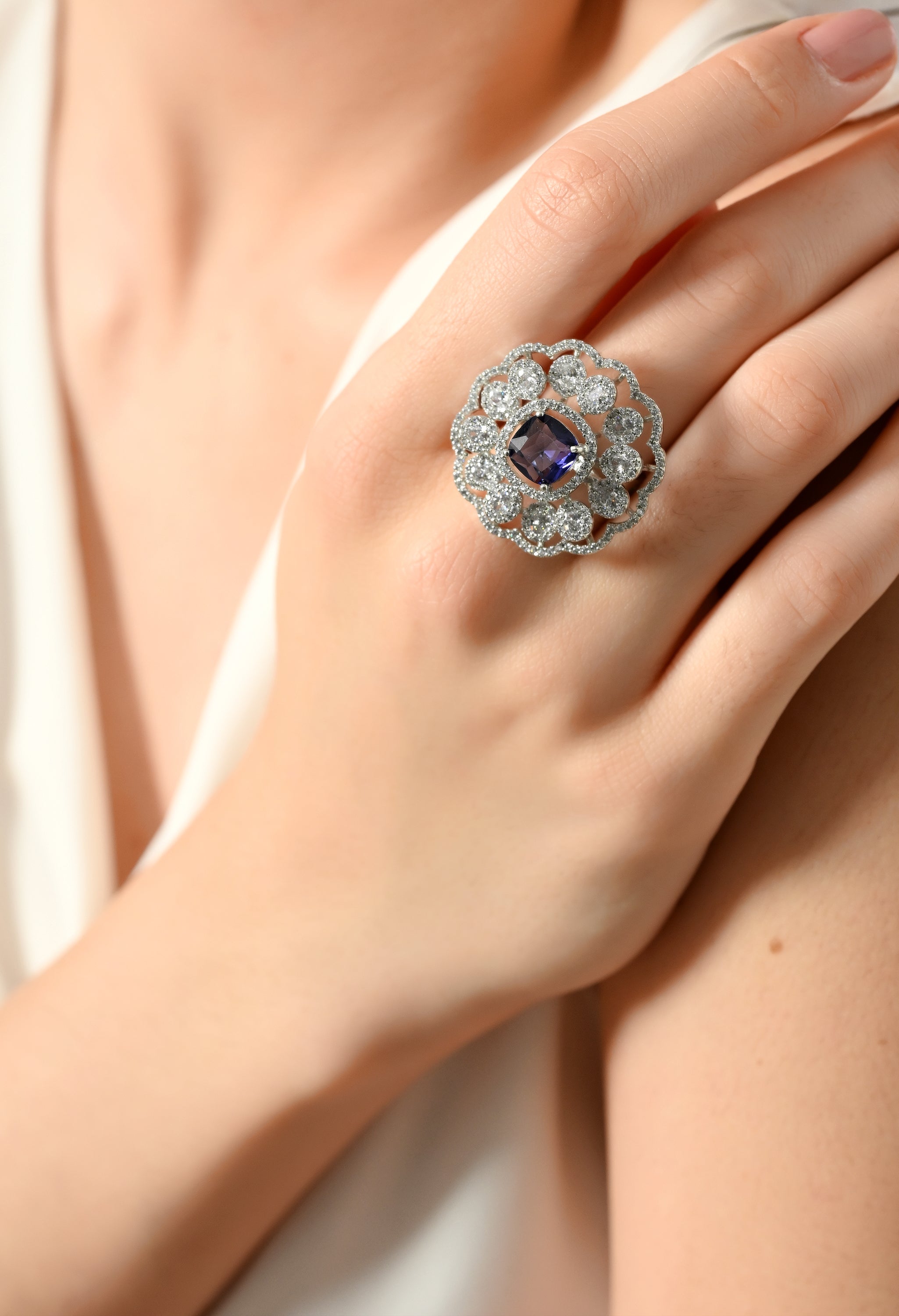 Midnight Sparkle Sapphire Halo Ring