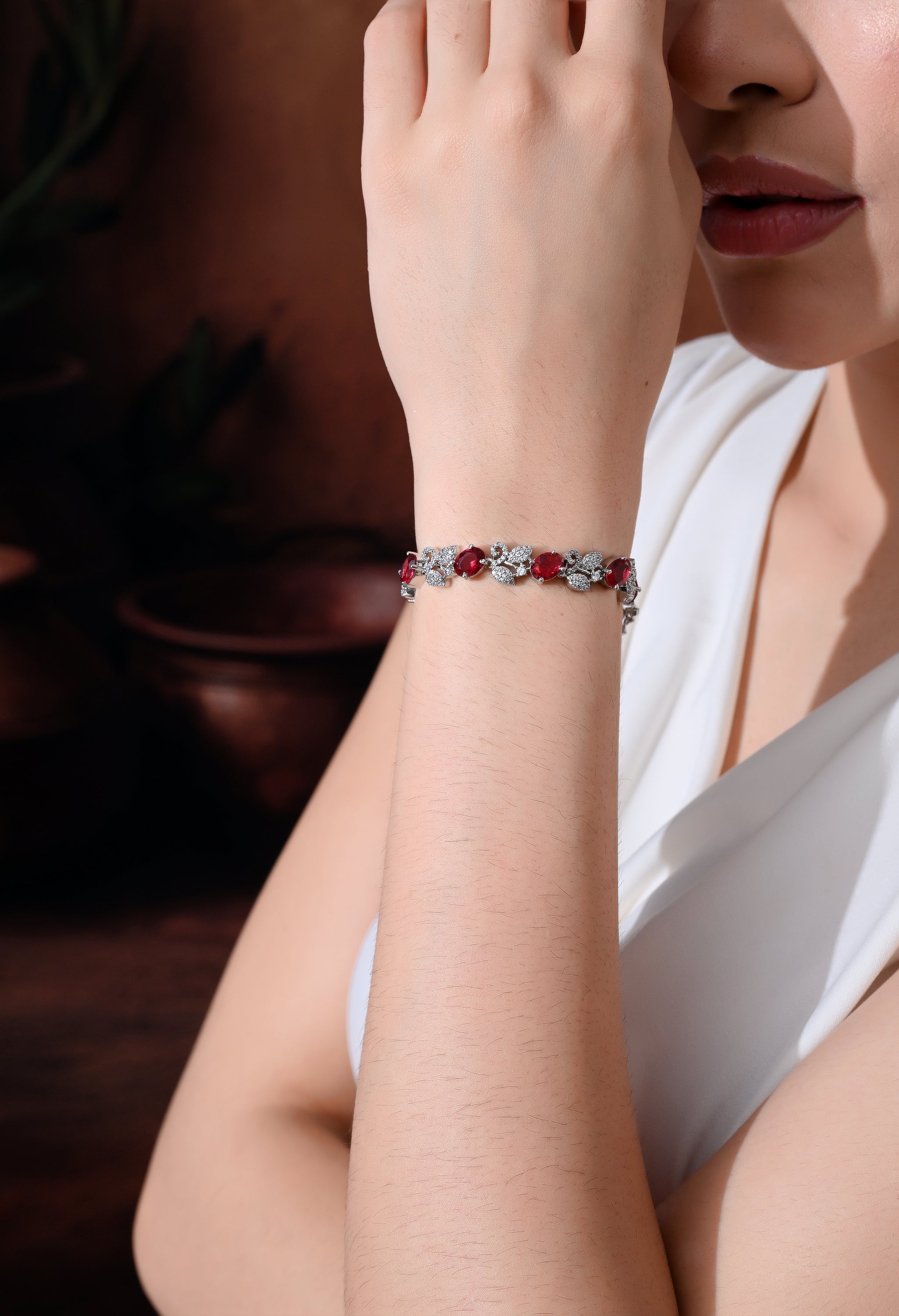 Sparkling Ruby Blossom Silver Bracelet