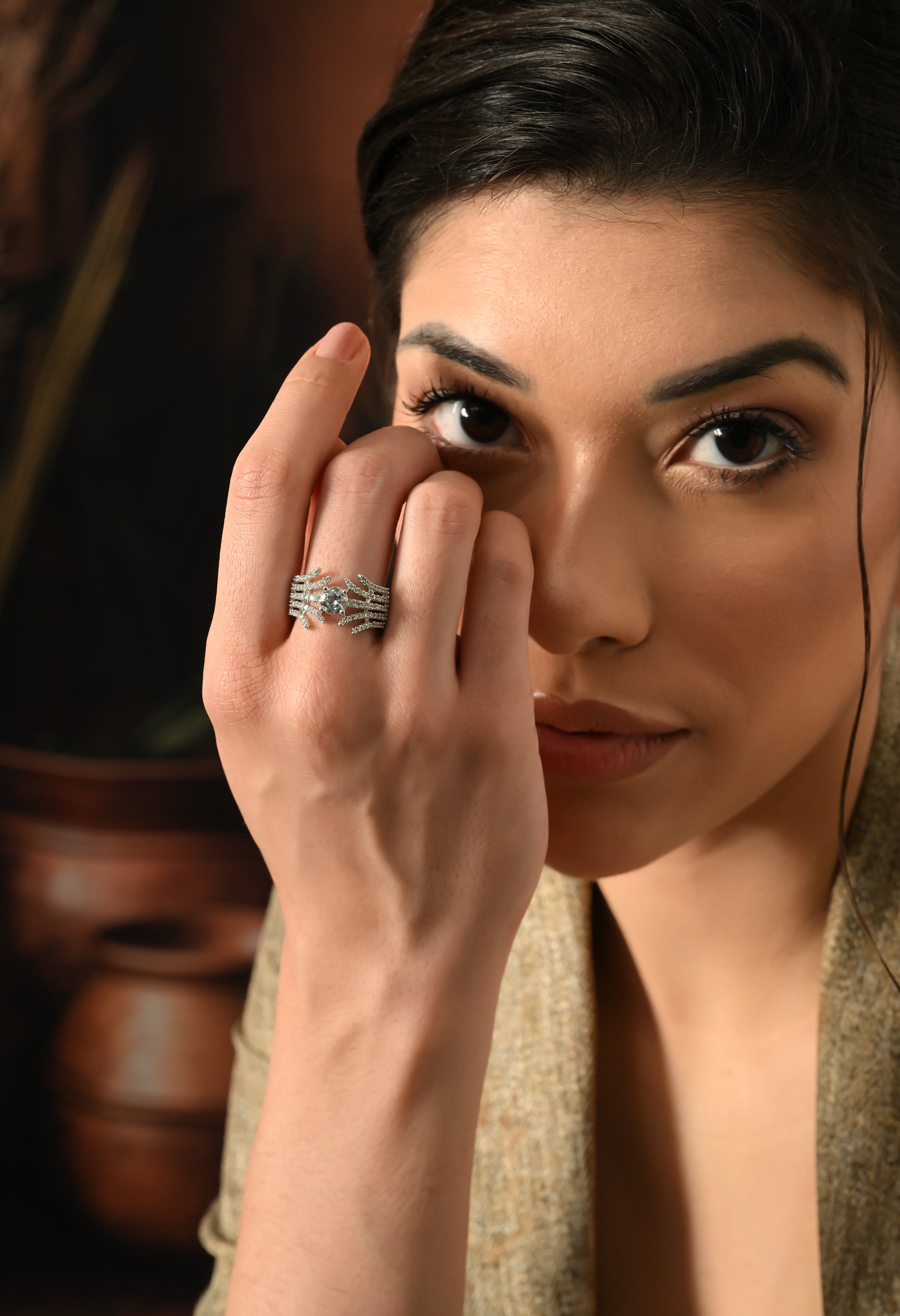 Sparkling Silver Leaf Wrap Ring