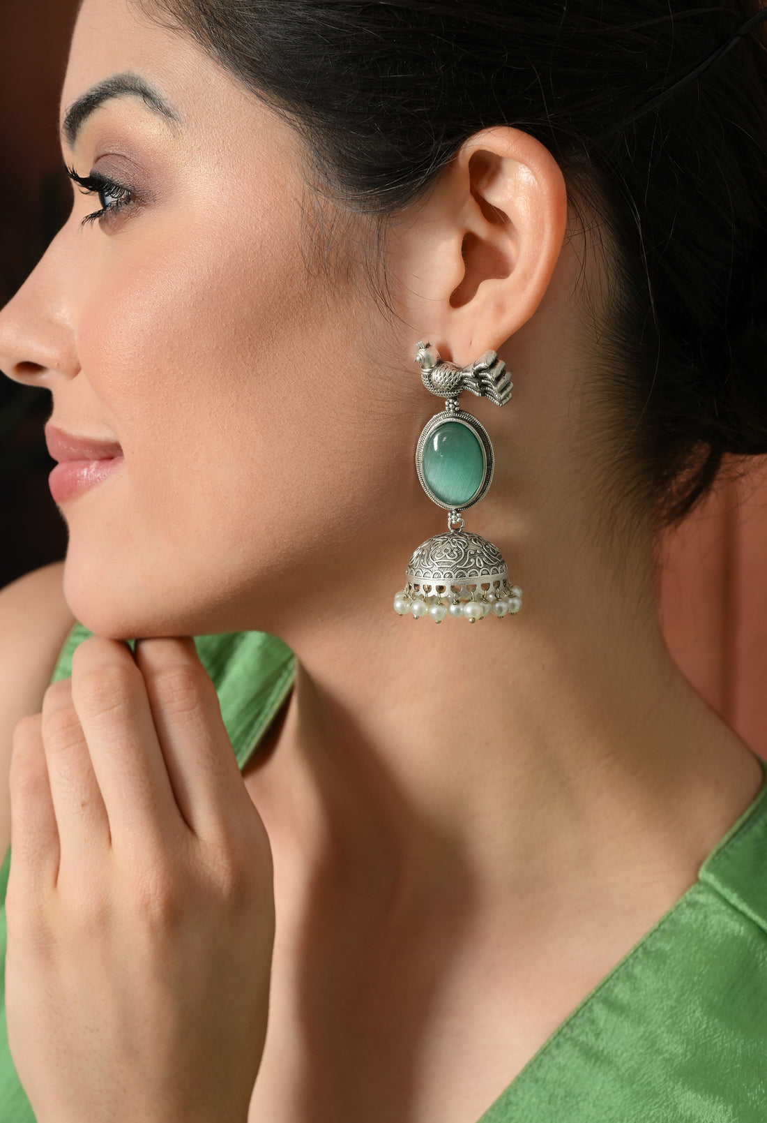 Elegant Silver Green Stone Danglers