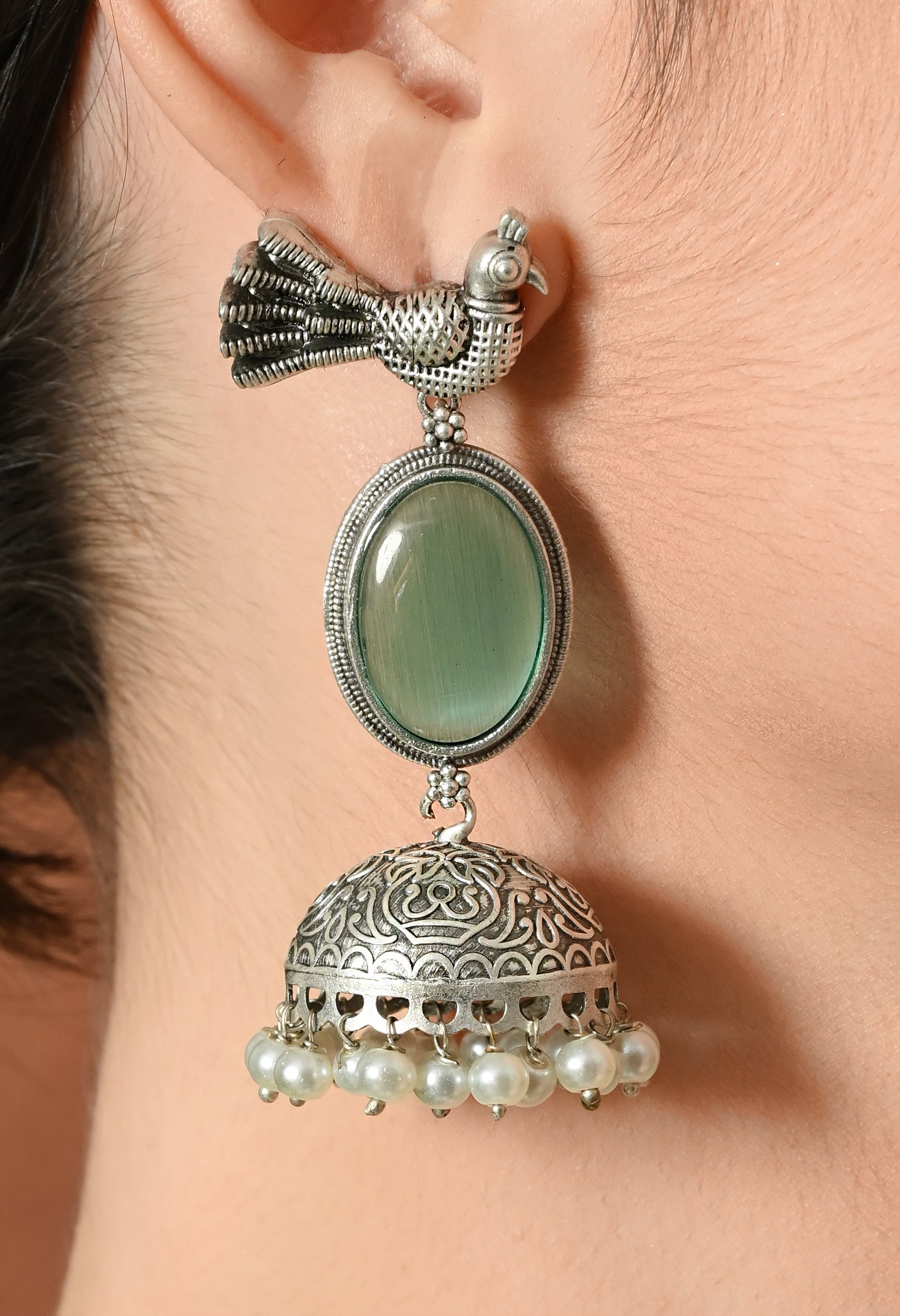 Elegant Silver Green Stone Danglers