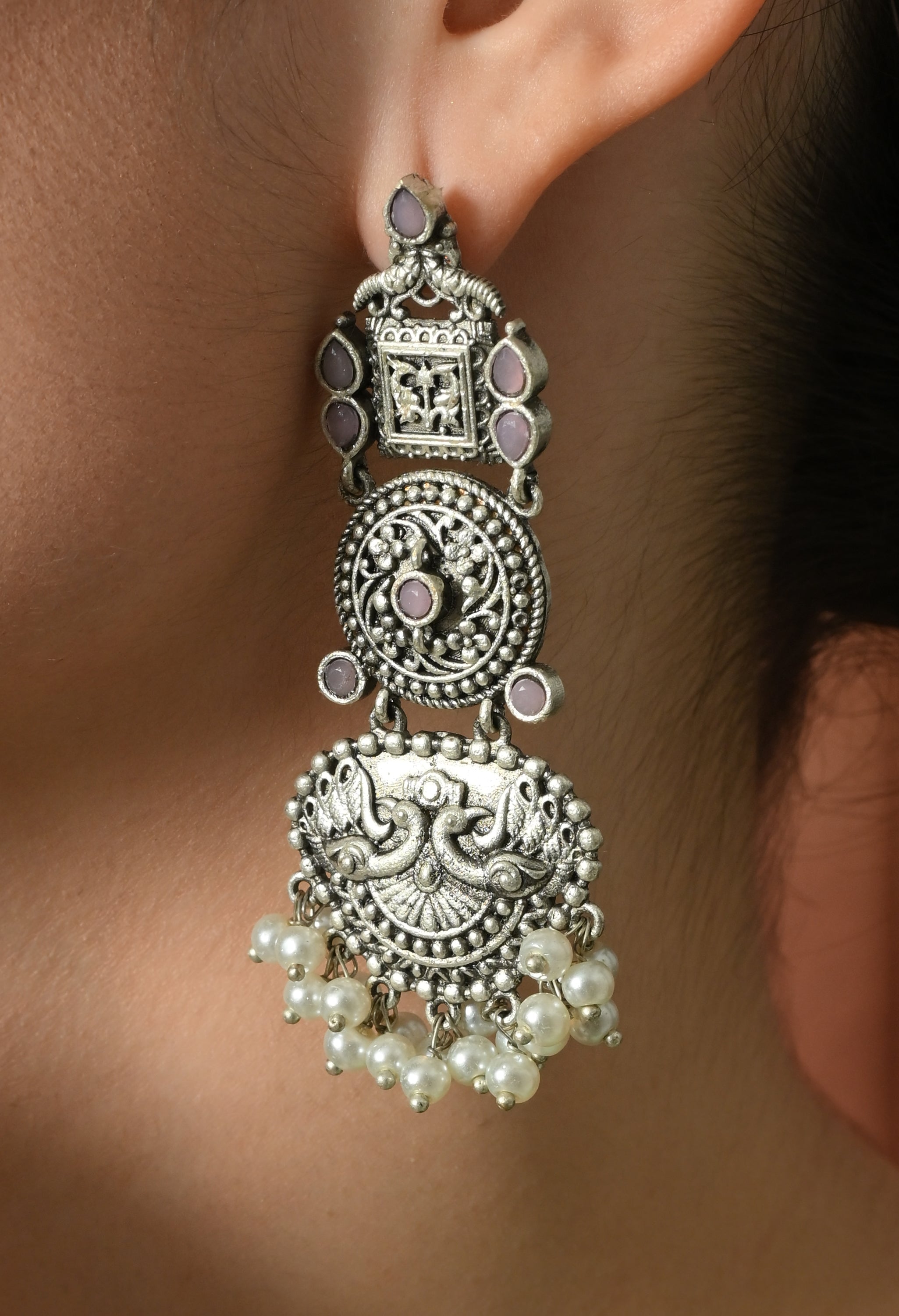 Elegant Pearled Silver Charm Earrings