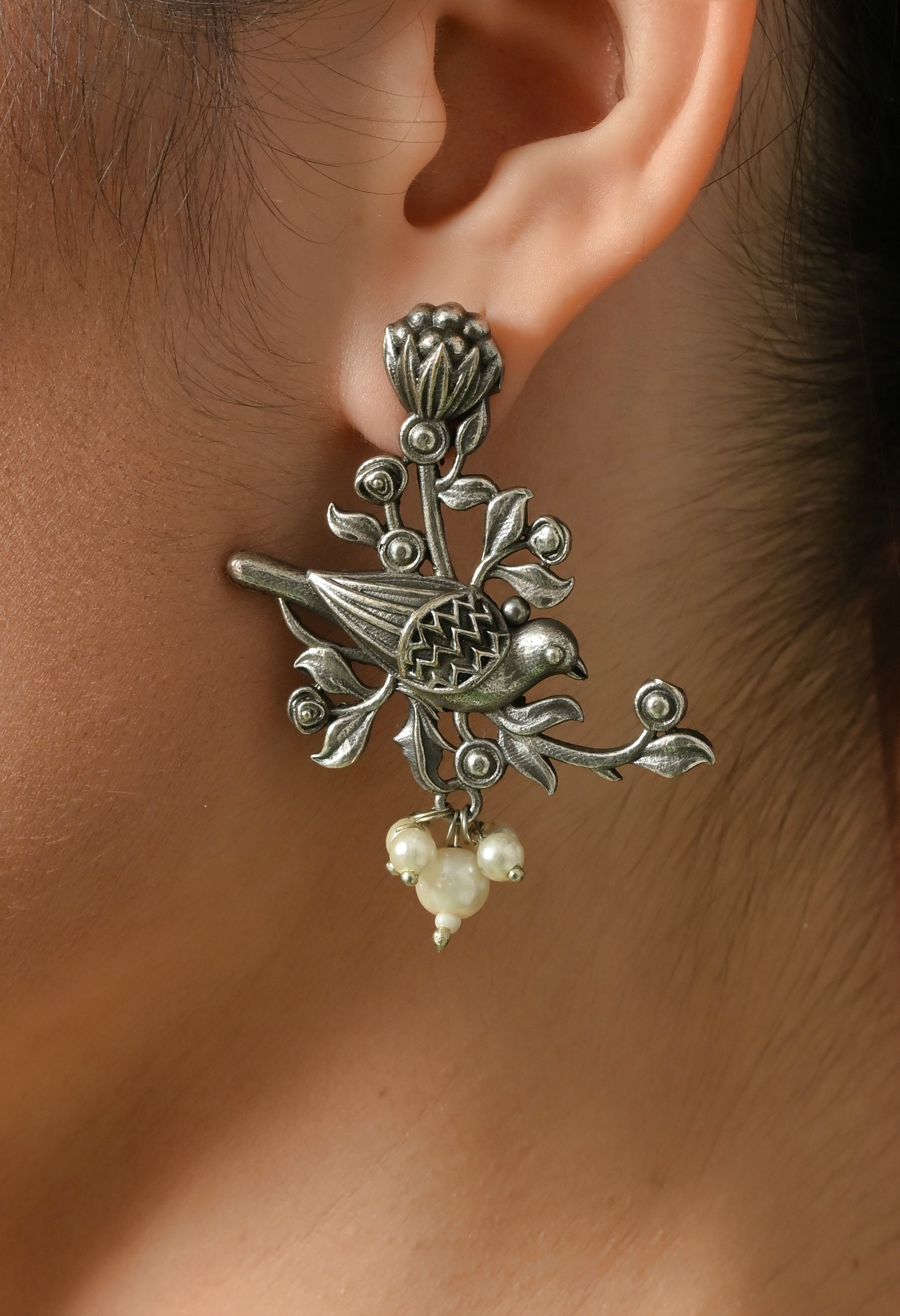 Elegant Silver Floral Heart Earrings