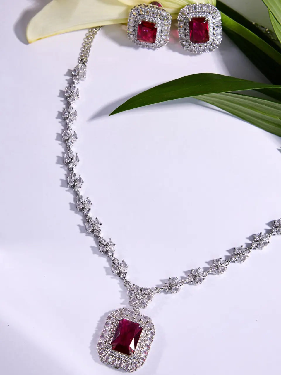 Elegant Fusion CZ, Ruby & American Diamond Necklace Set