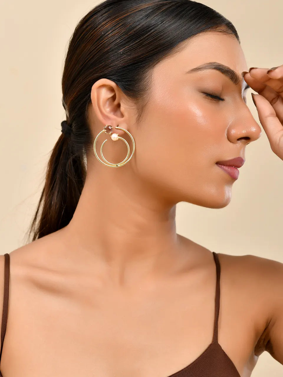 Dual Hoop Pearl Stud Earrings