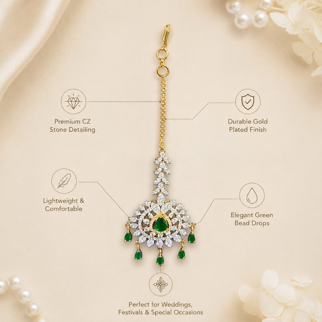 Emerald Green Floral Crystal Gold-Tone Maang Tikka