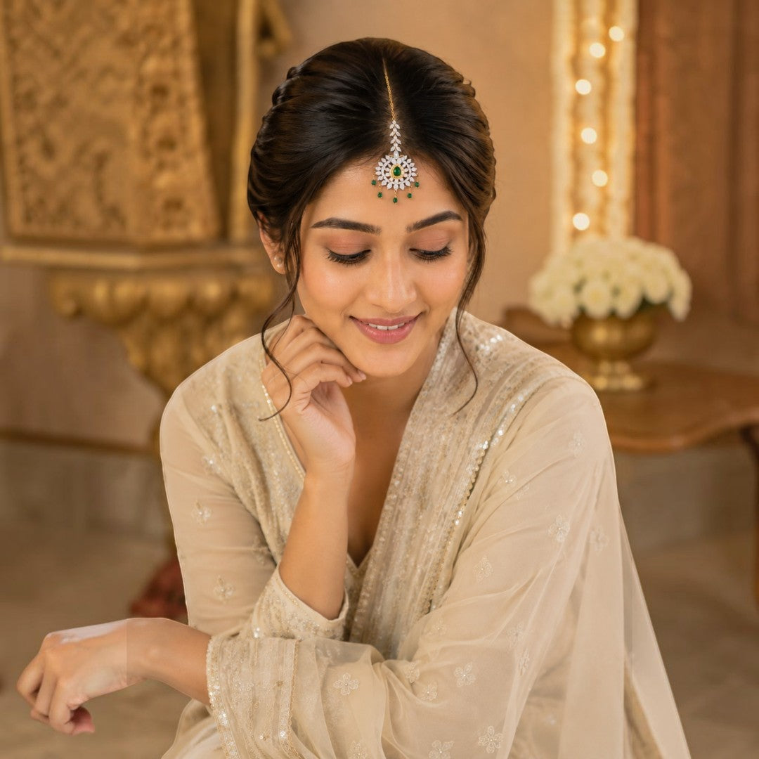 Emerald Green Floral Crystal Gold-Tone Maang Tikka