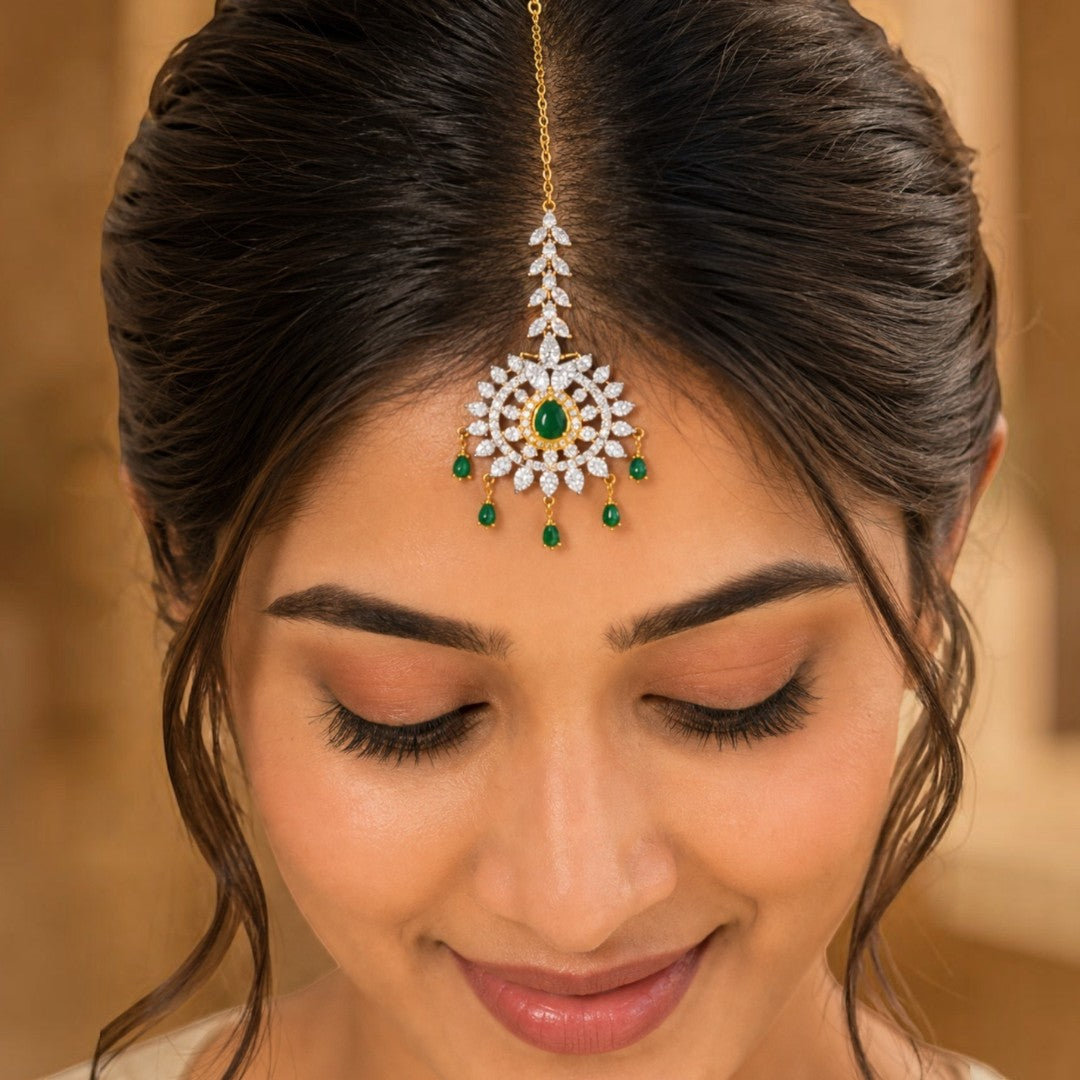 Emerald Green Floral Crystal Gold-Tone Maang Tikka