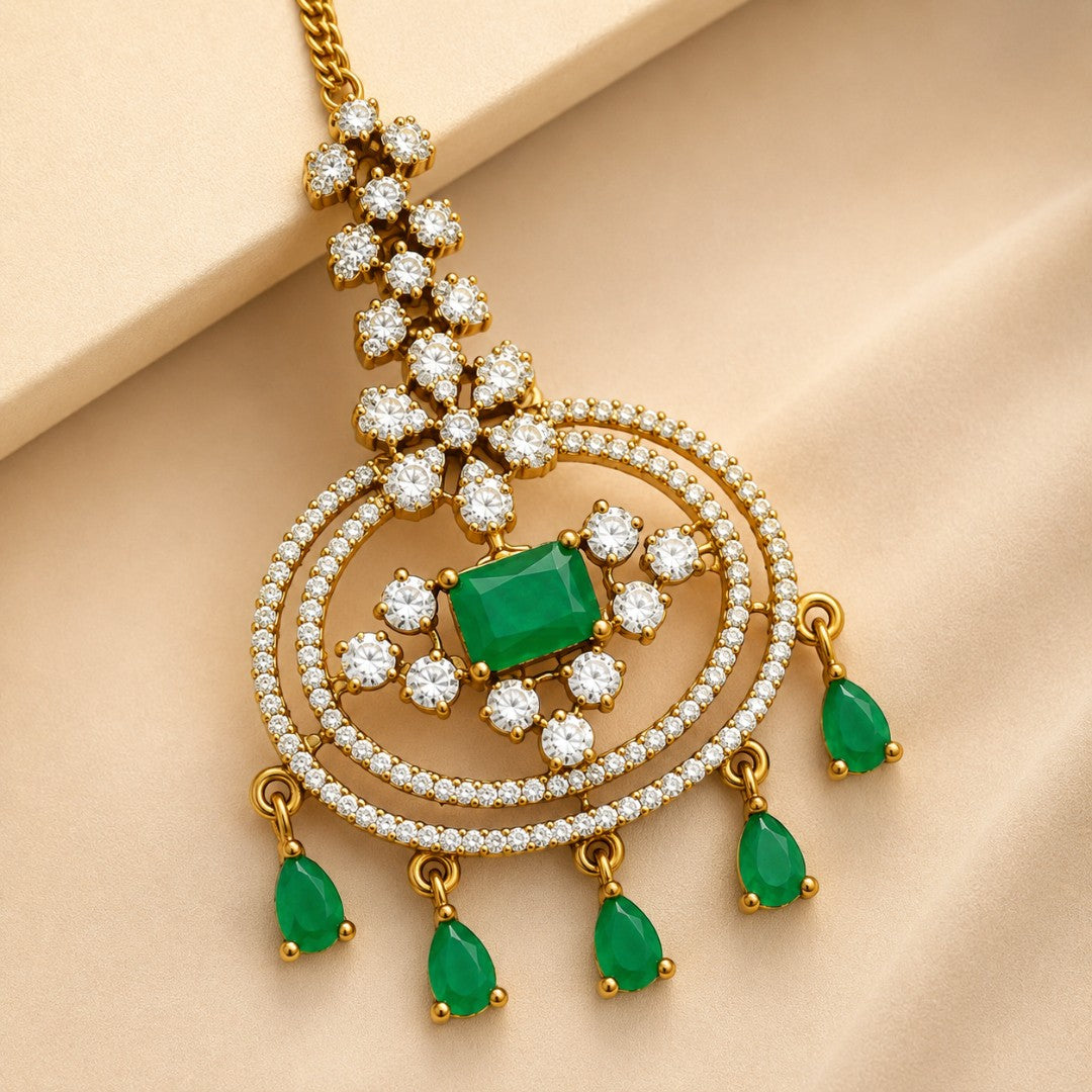 Emerald Green Stone &amp; Crystal Gold-Tone Maang Tikka
