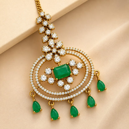Emerald Green Stone &amp; Crystal Gold-Tone Maang Tikka