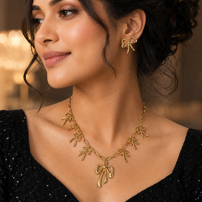 Golden Bow Charm Necklace and Earring Set