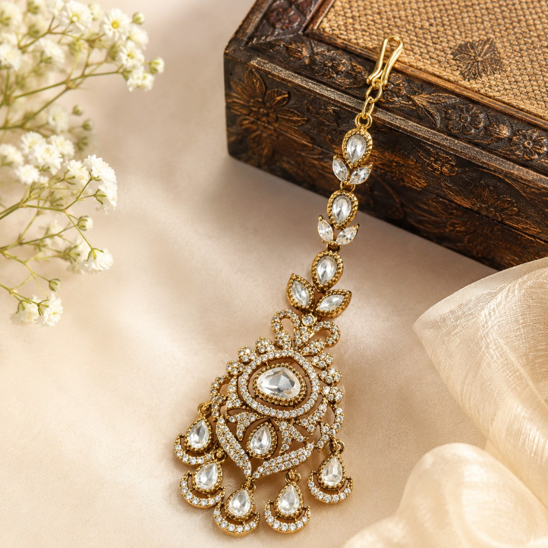Kundan-Inspired Crystal Drop Gold-Tone Maang Tikka