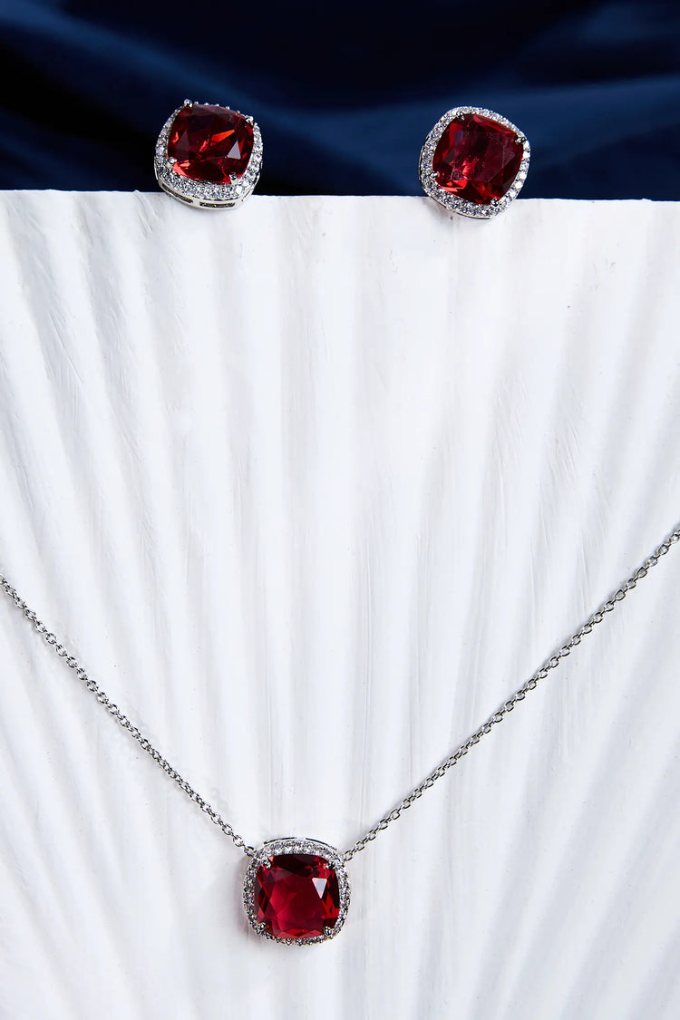 Crimson Gleam Pendant and Earring Set For Woman