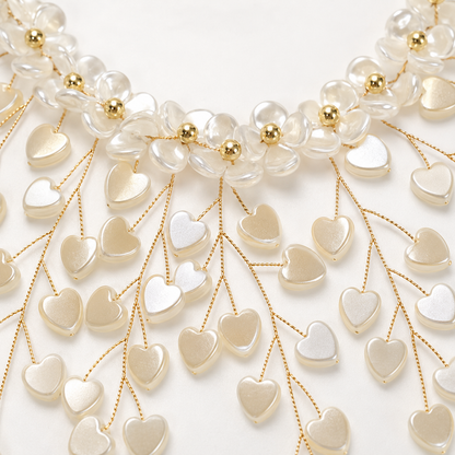 Golden Heart Cascade Pearl Statement Necklace
