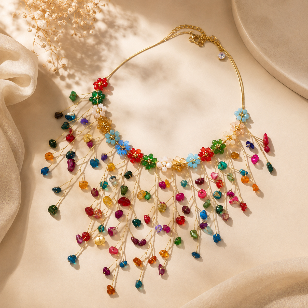 Rainbow Blossom Cascade Statement Necklace