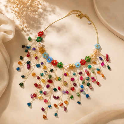 Rainbow Blossom Cascade Statement Necklace