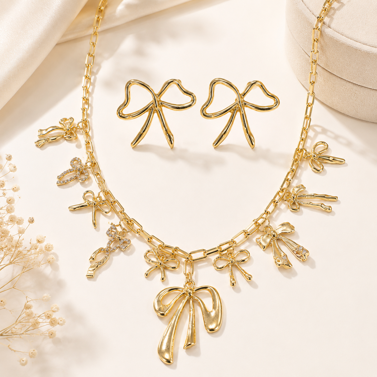 Golden Bow Charm Necklace and Earring Set