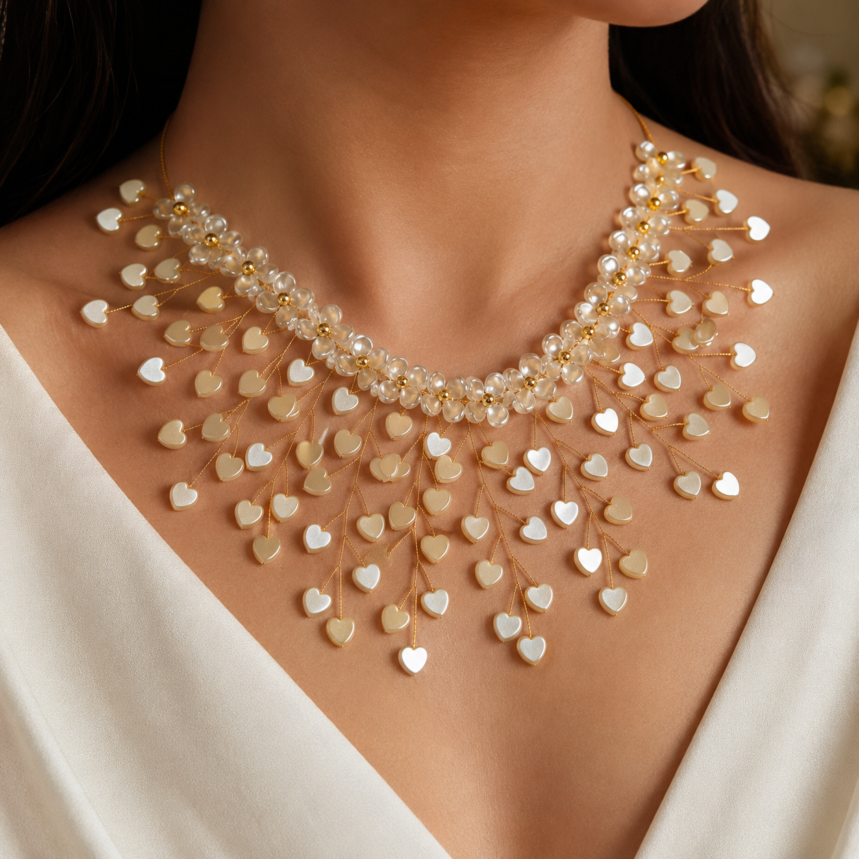 Golden Heart Cascade Pearl Statement Necklace