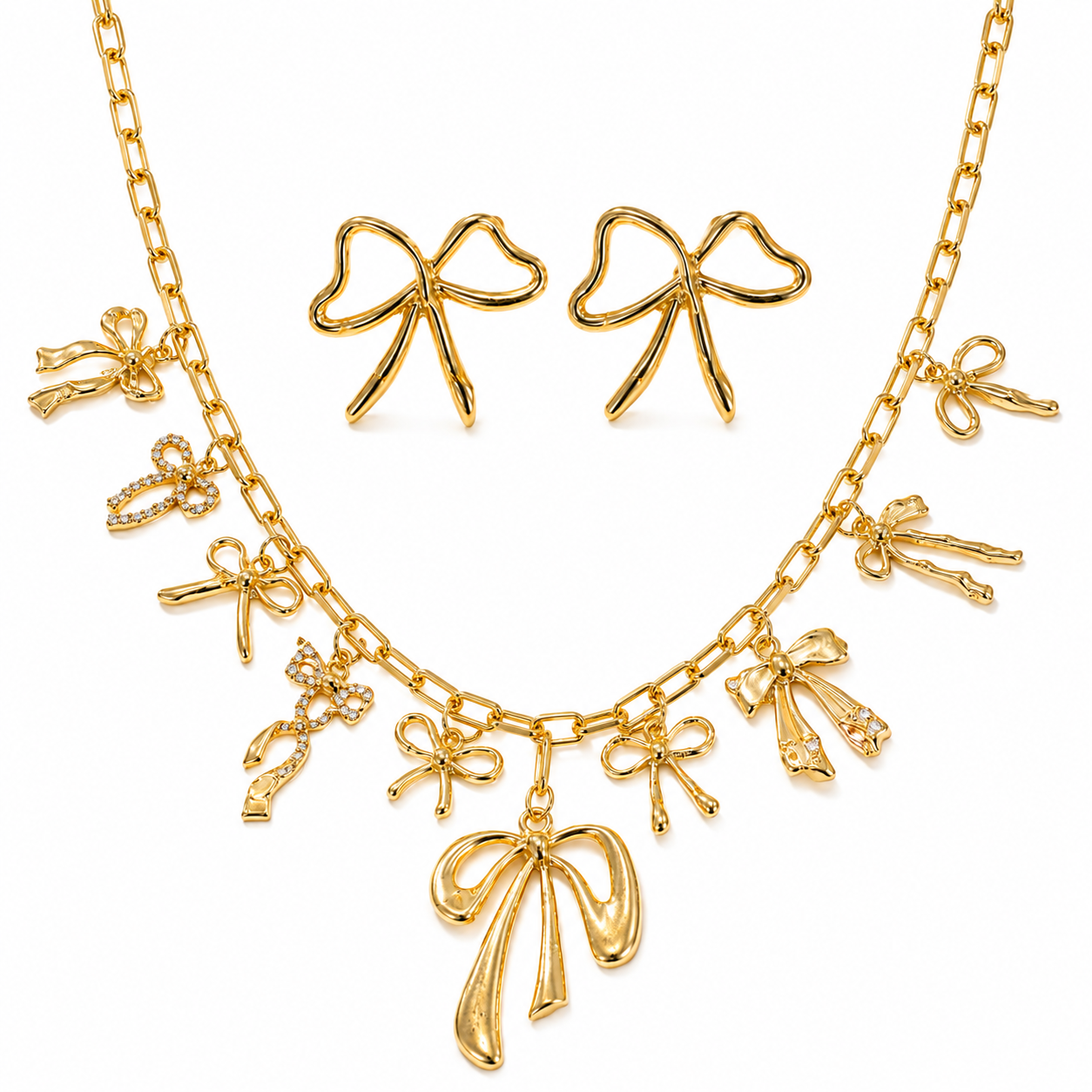 Golden Bow Charm Necklace and Earring Set