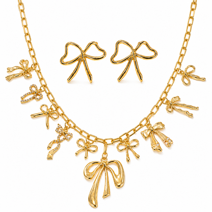 Golden Bow Charm Necklace and Earring Set