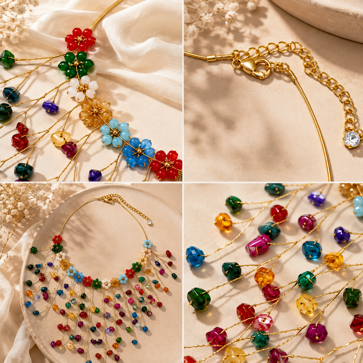Rainbow Blossom Cascade Statement Necklace