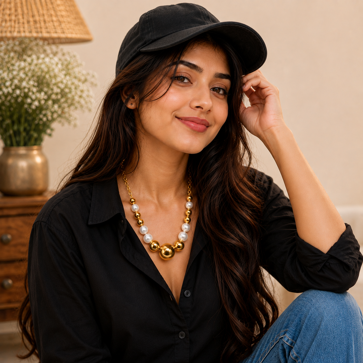 Golden Pearl Beaded Statement Necklace