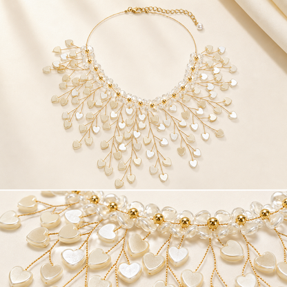 Golden Heart Cascade Pearl Statement Necklace